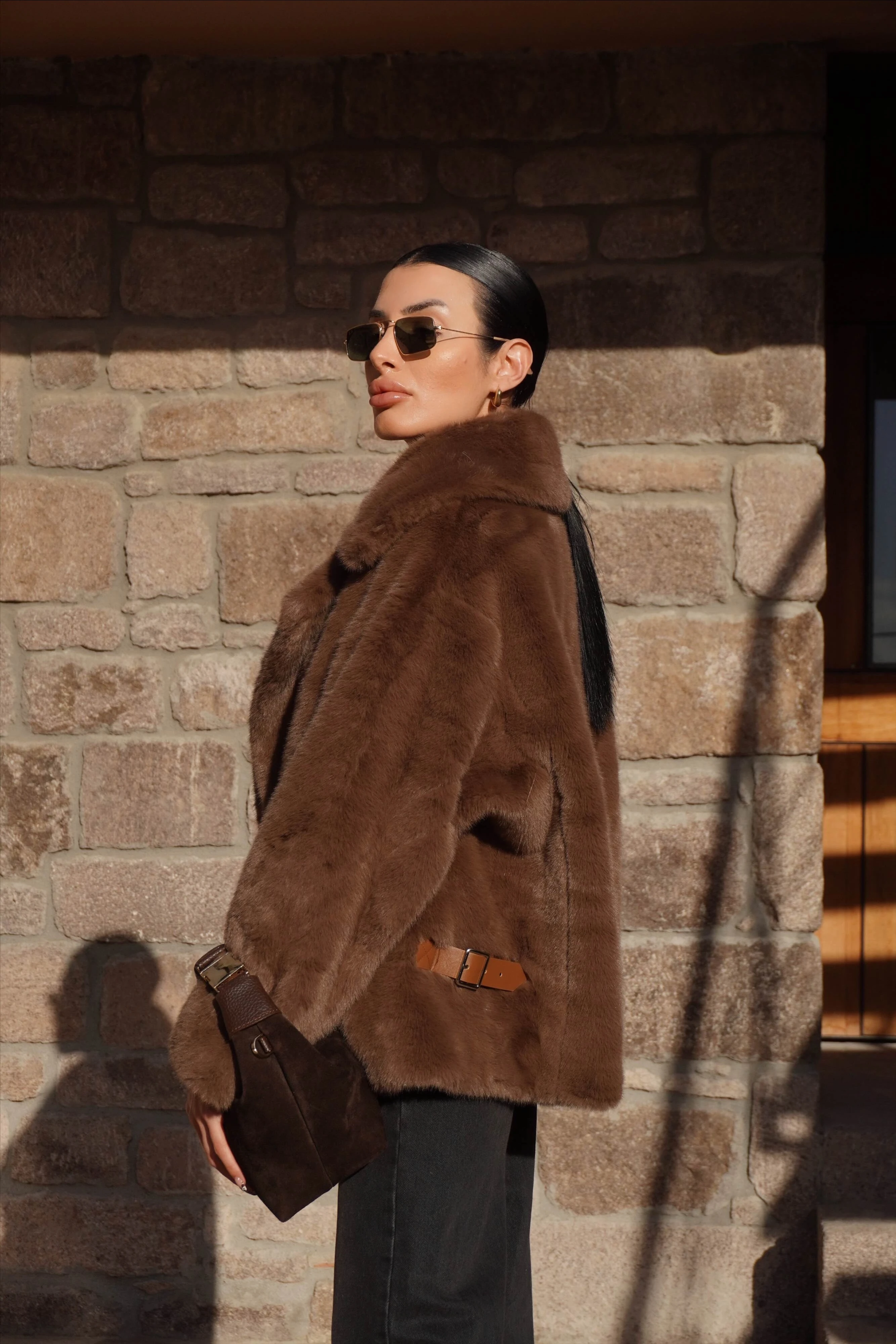 İthal Premium Kahverengi Peluş Ceket Kürk