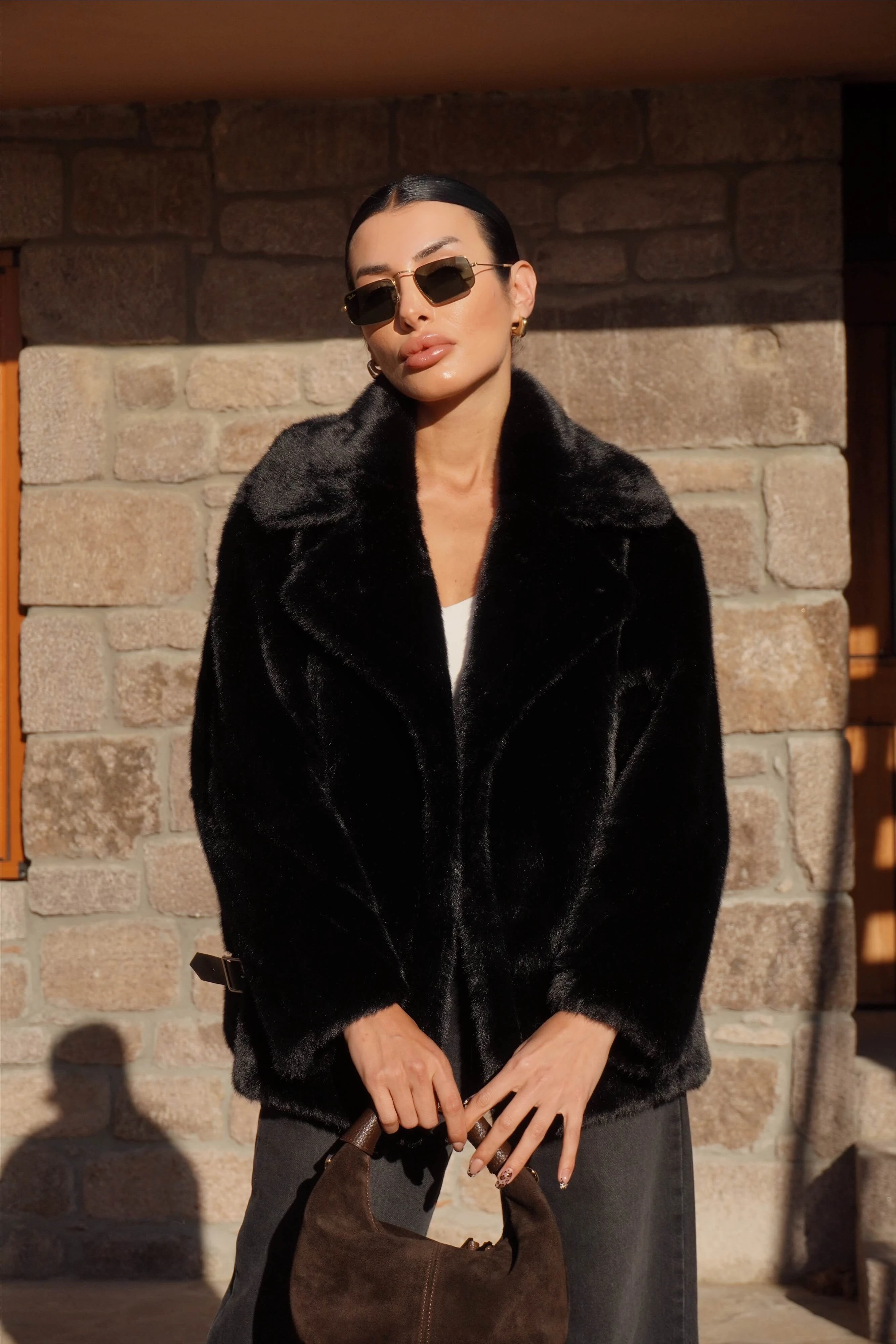 İthal Premium Siyah Peluş Ceket Kürk