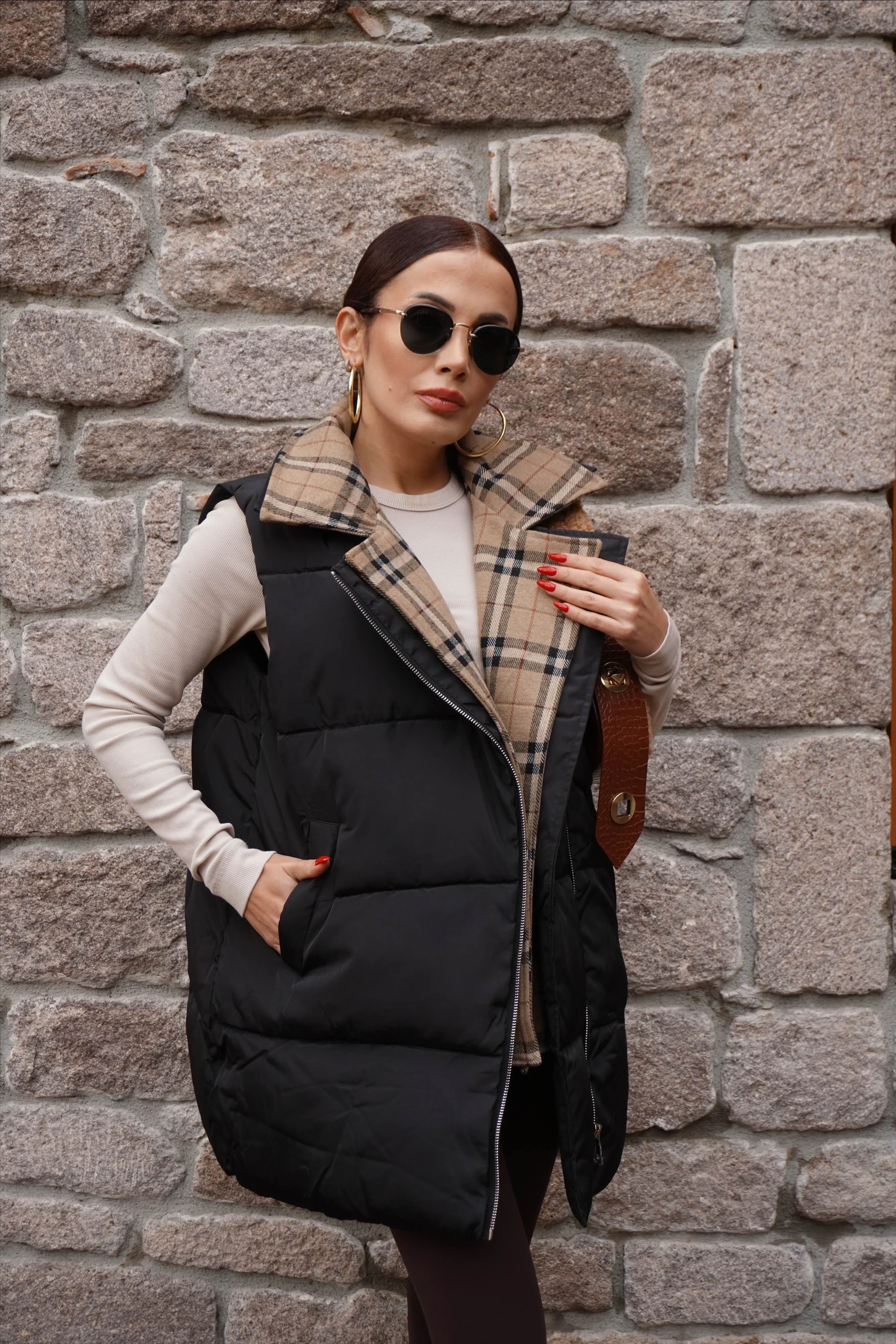 İthal Tasarım Ekose Desenli Yelek 