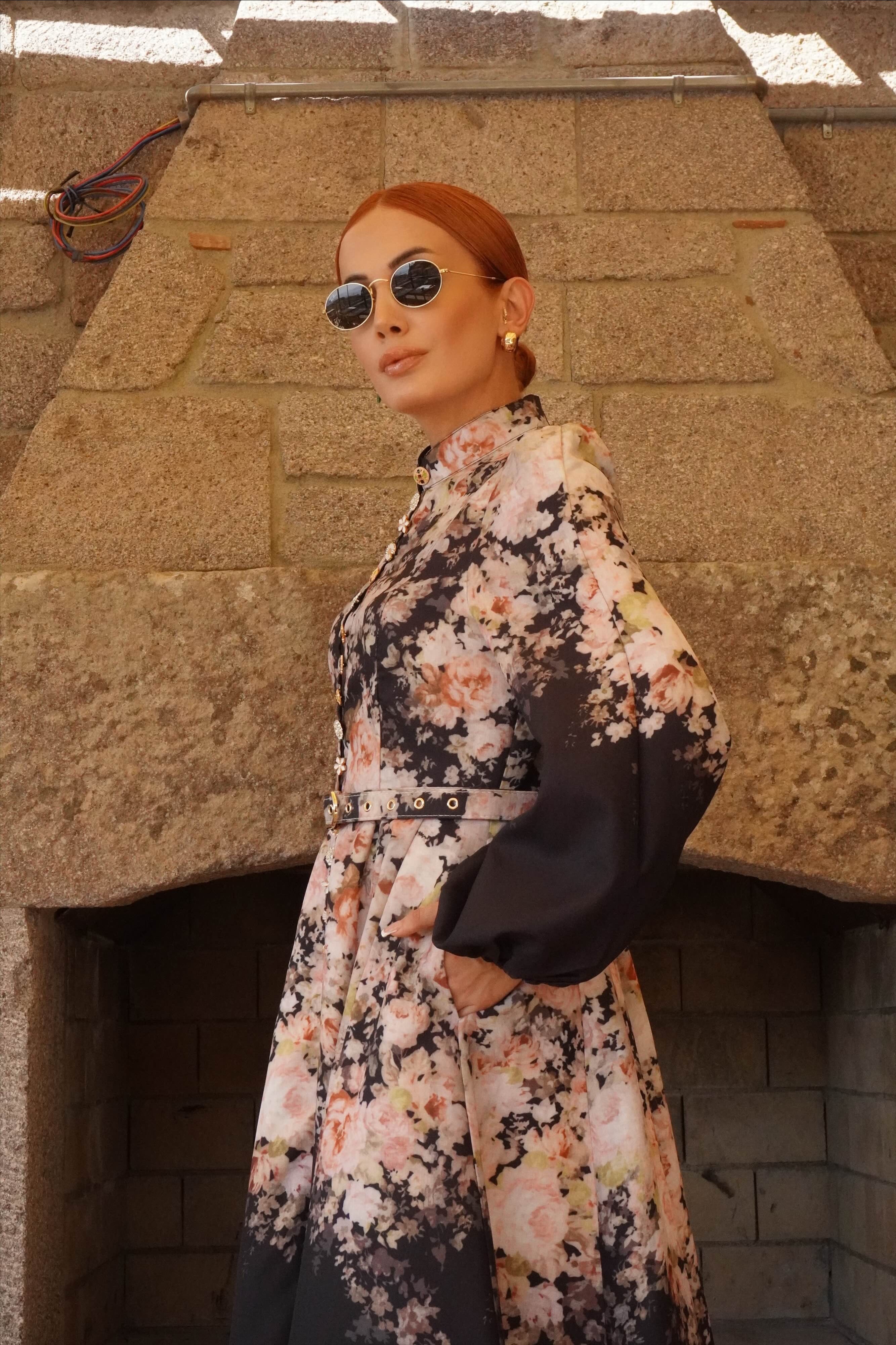 İthal Tasarım Premium Çiçek Desenli Kemer Aksesuarlı Maxi Elbise 