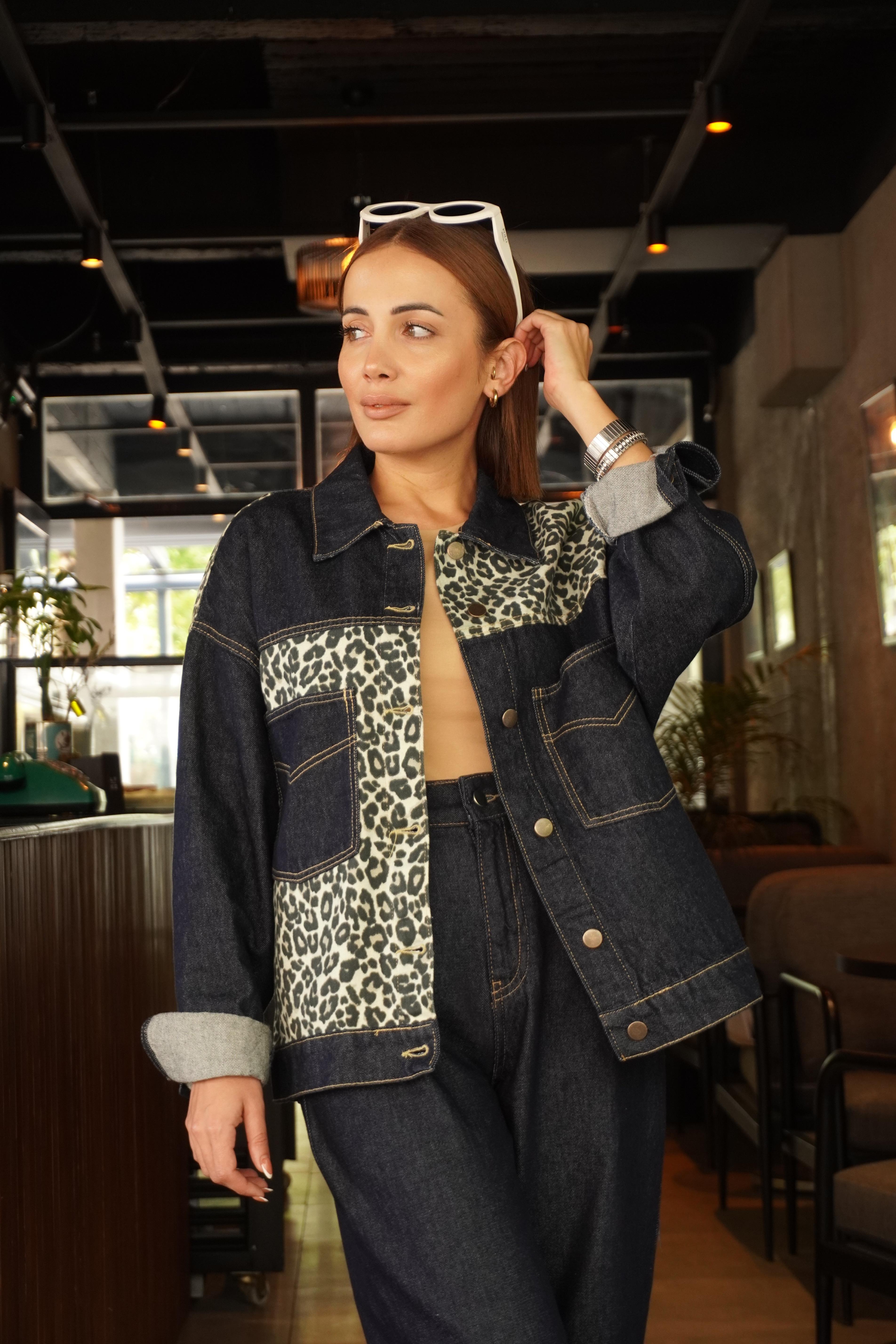 Oversize Leopar Match Detaylı Denim Ceket