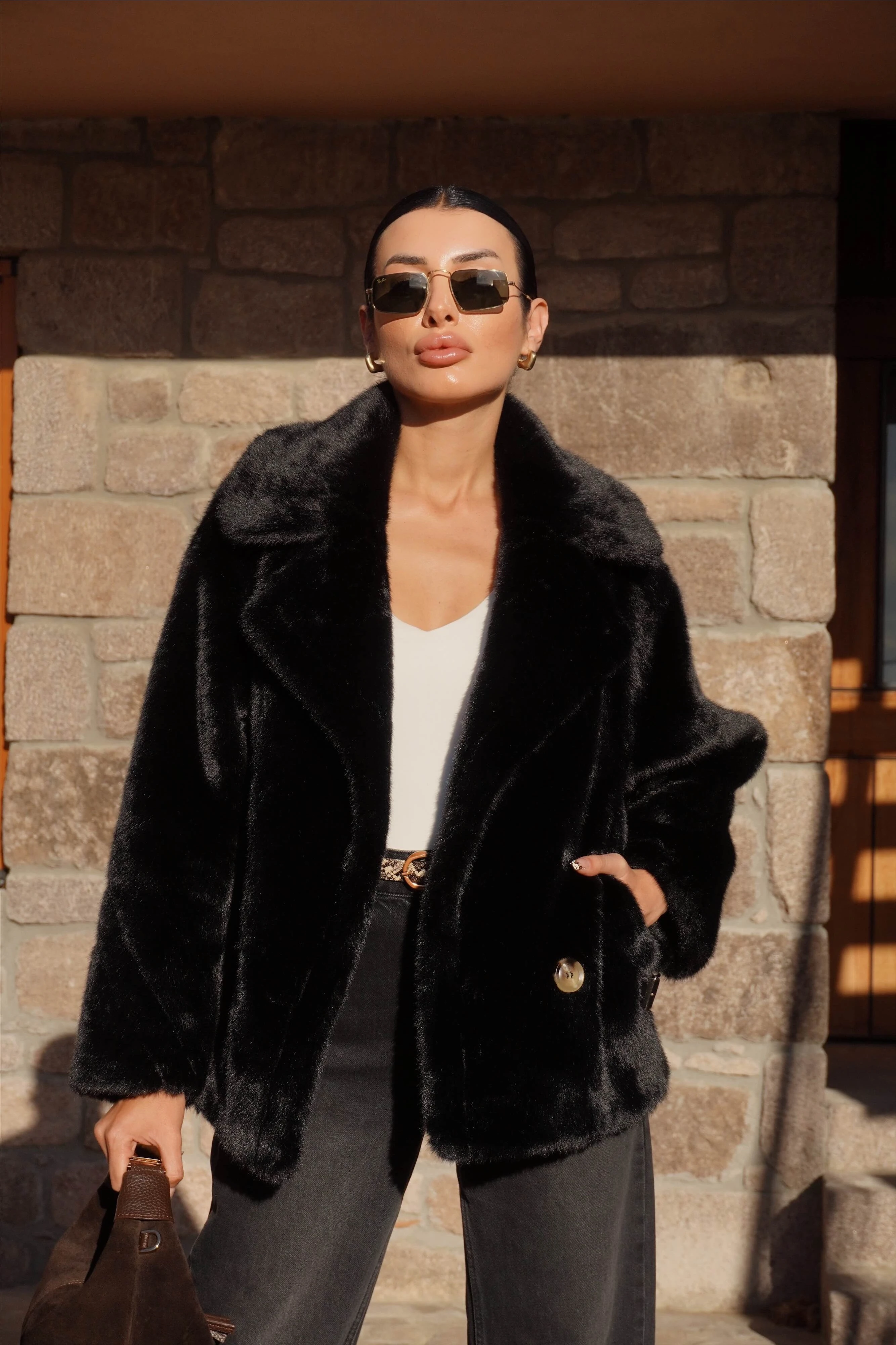 İthal Premium Siyah Peluş Ceket Kürk