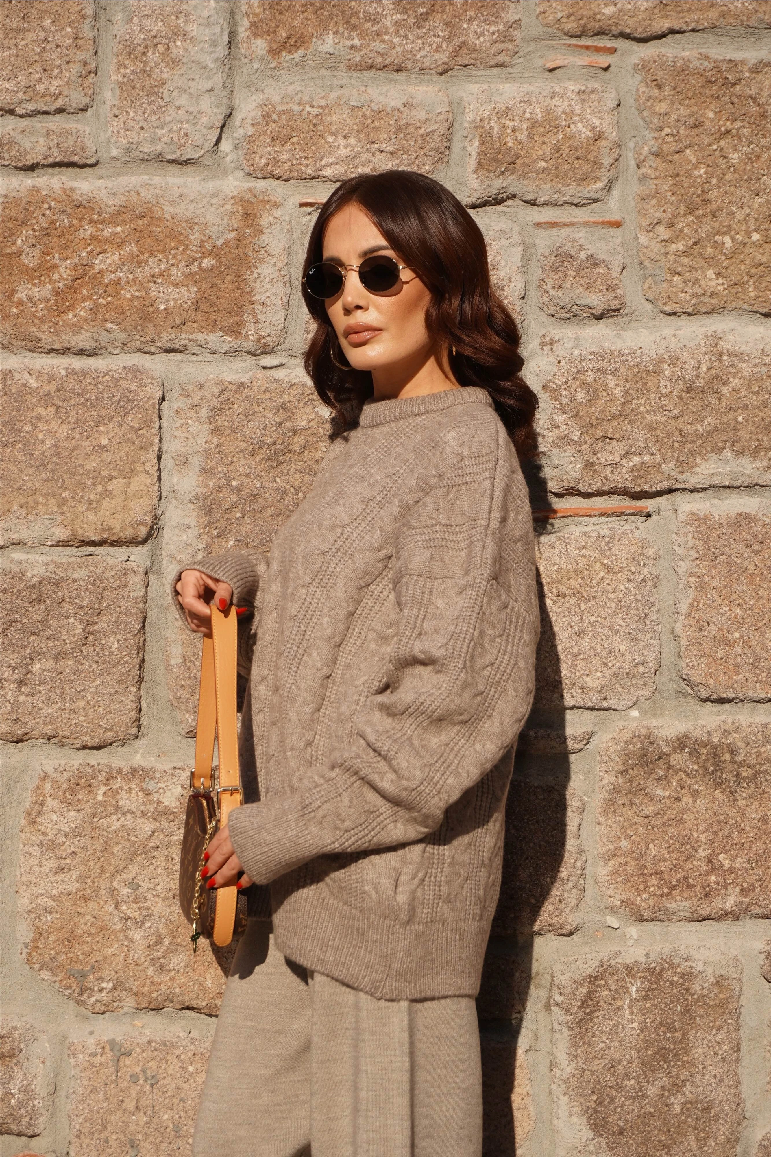 Vizon Saç Örgü Triko Kazak Pantolon Takım 