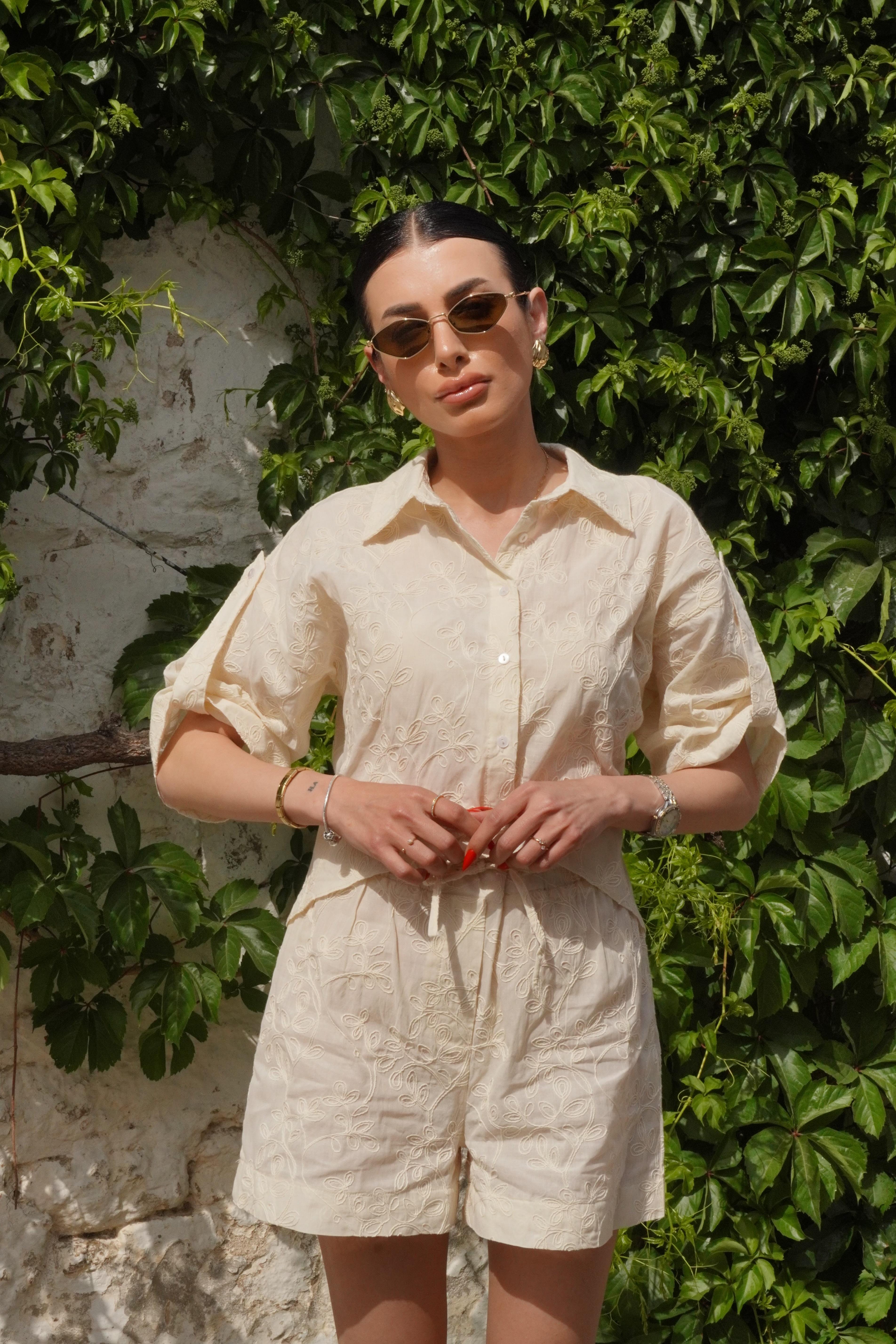 Naturel Keten Nakışlı Gömlek Şort Takım
