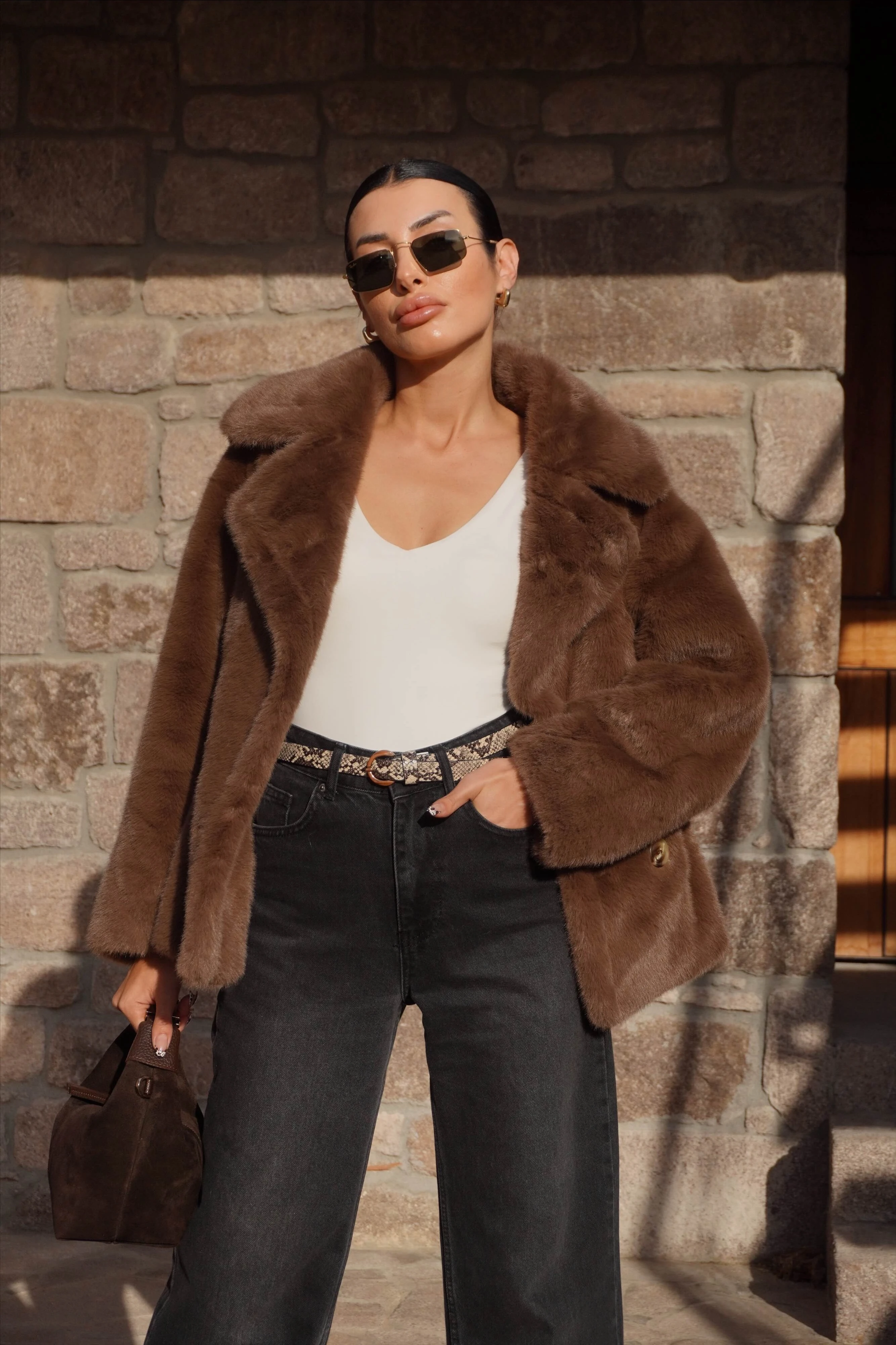 İthal Premium Kahverengi Peluş Ceket Kürk