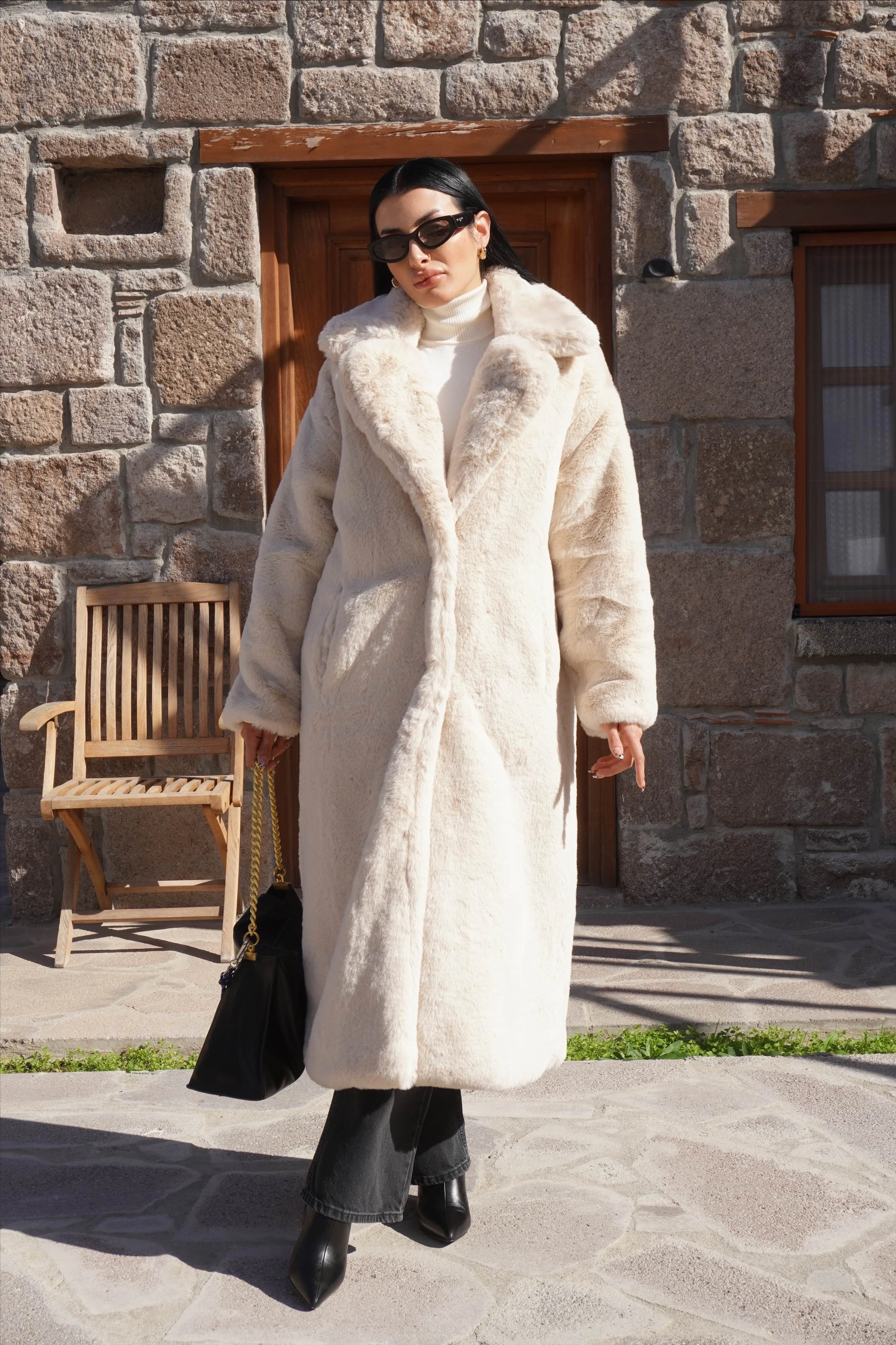 Premium Bej Peluş Tam Boy Kürk Kaban