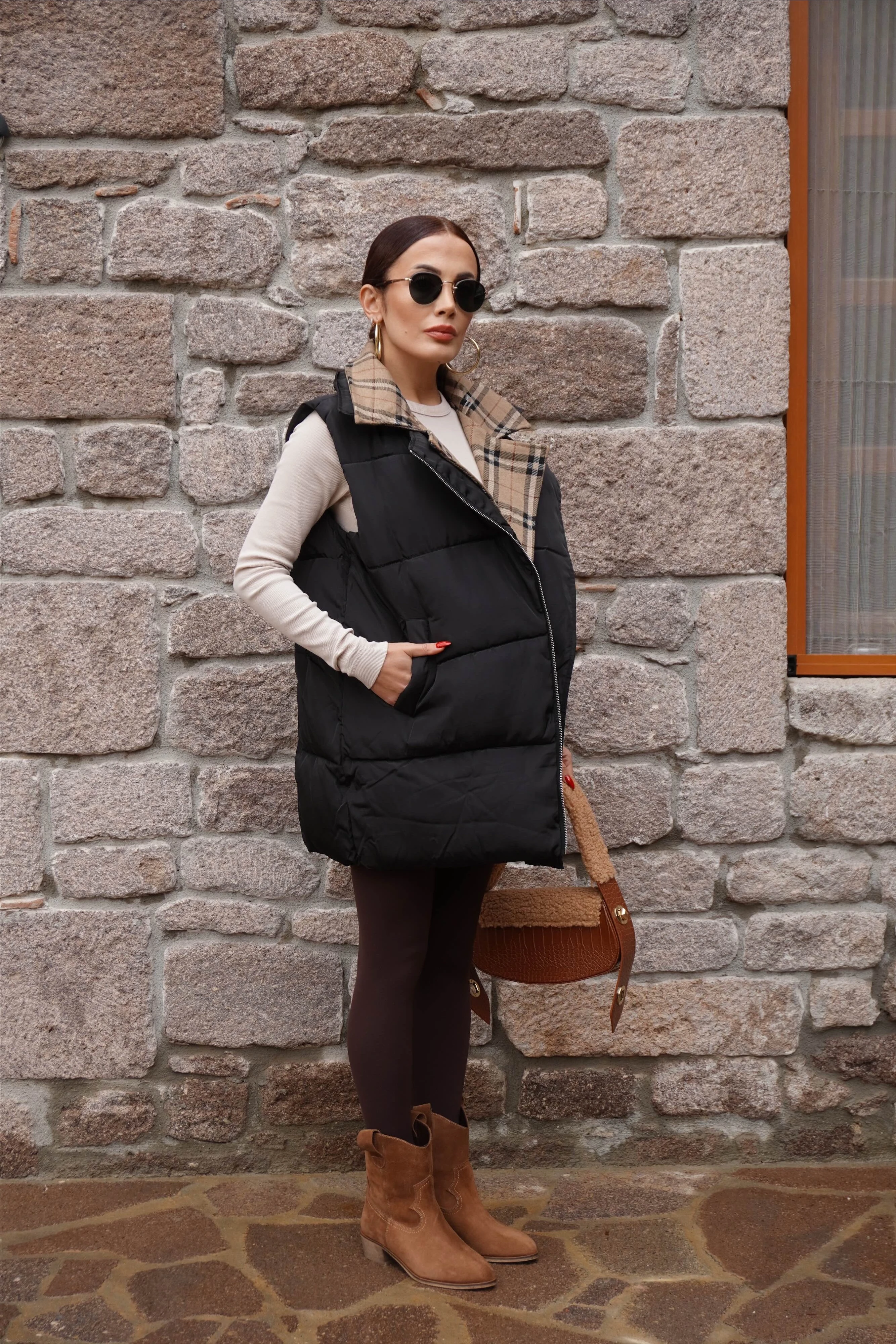 İthal Tasarım Ekose Desenli Yelek 