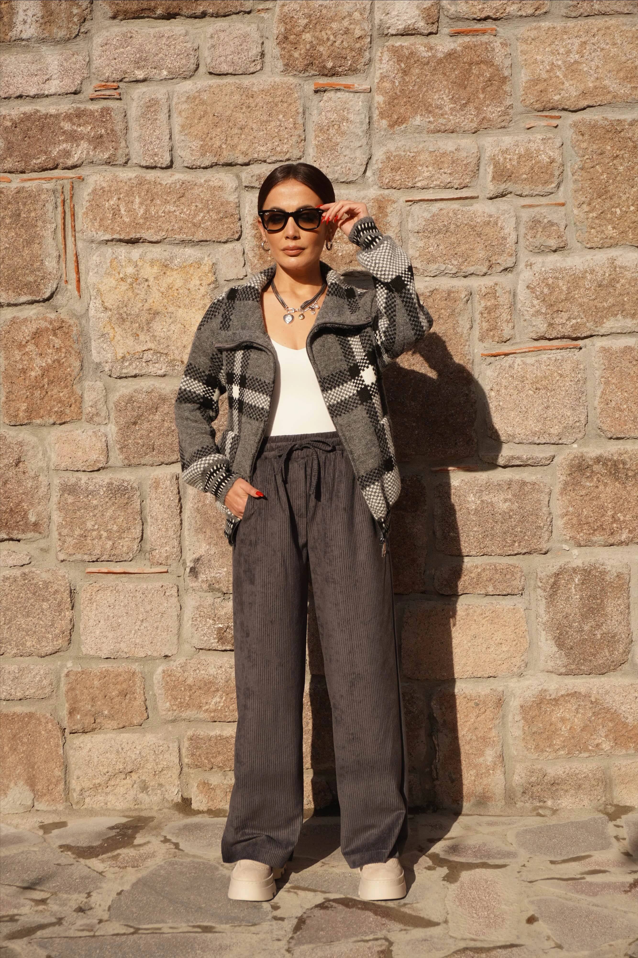 Beli Lastikli Fitilli Füme Kadife Pantolon