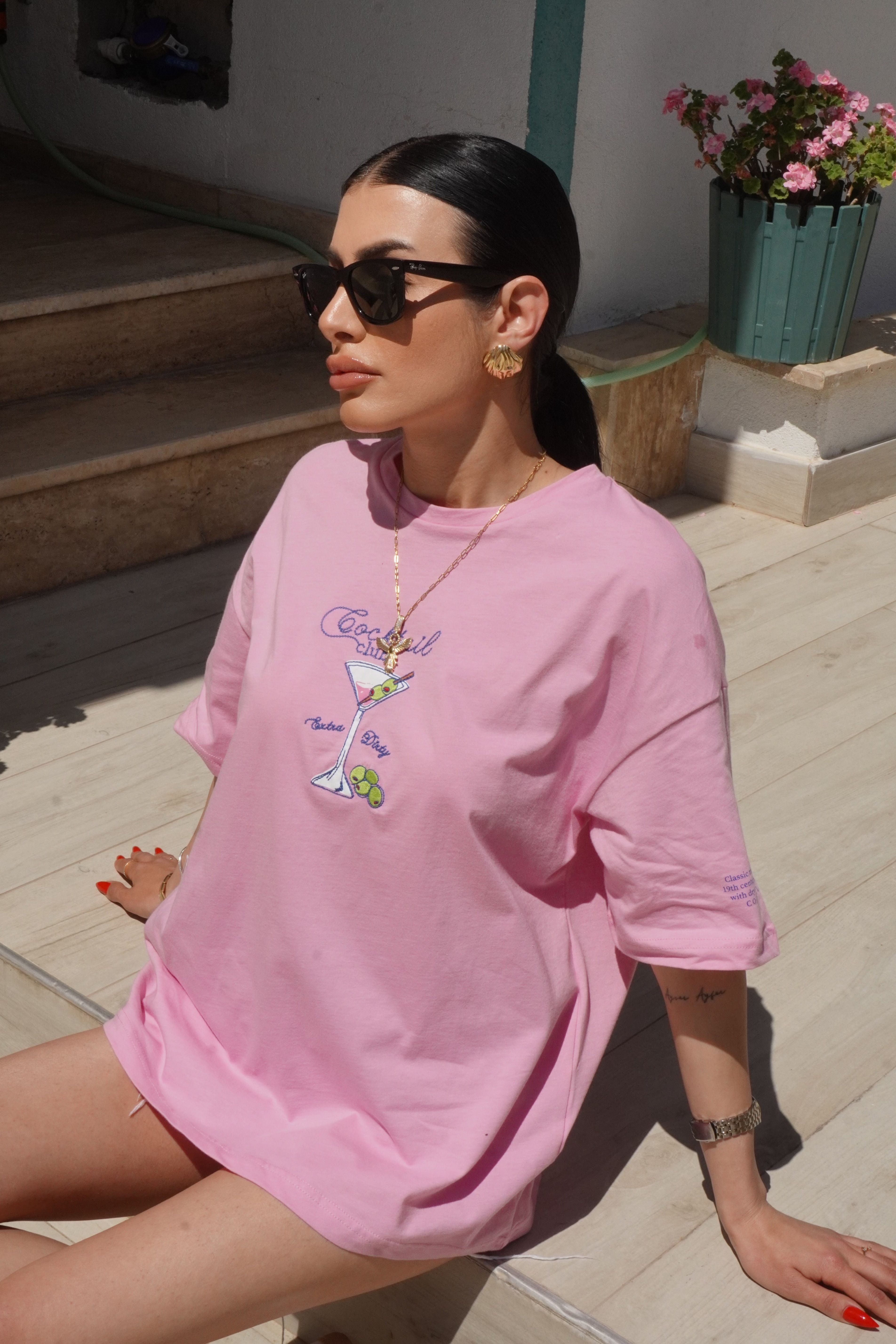 Bardak Baskılı Oversize Pembe Tişört