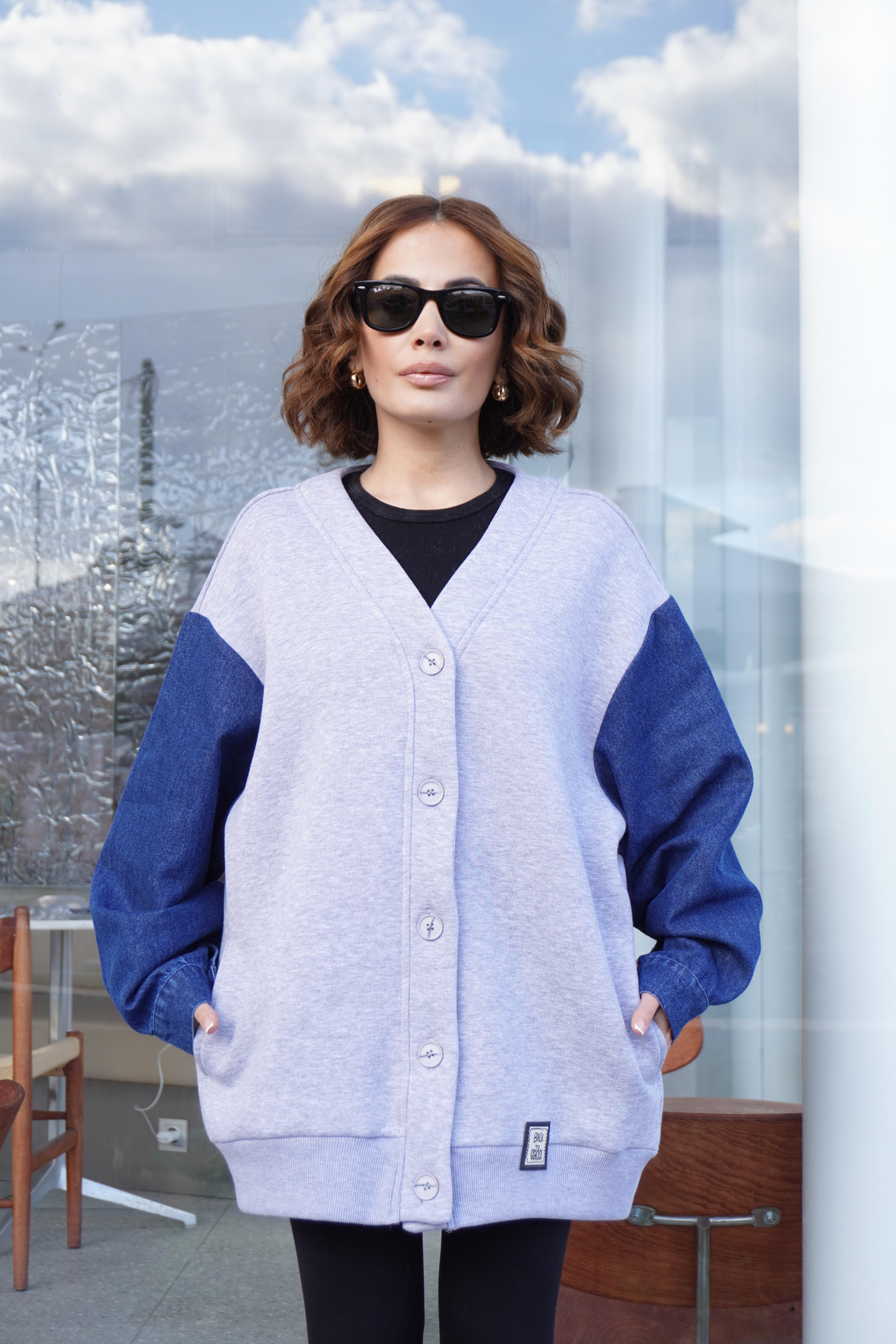 Denim Kol Şardonlu Sweat Hırka