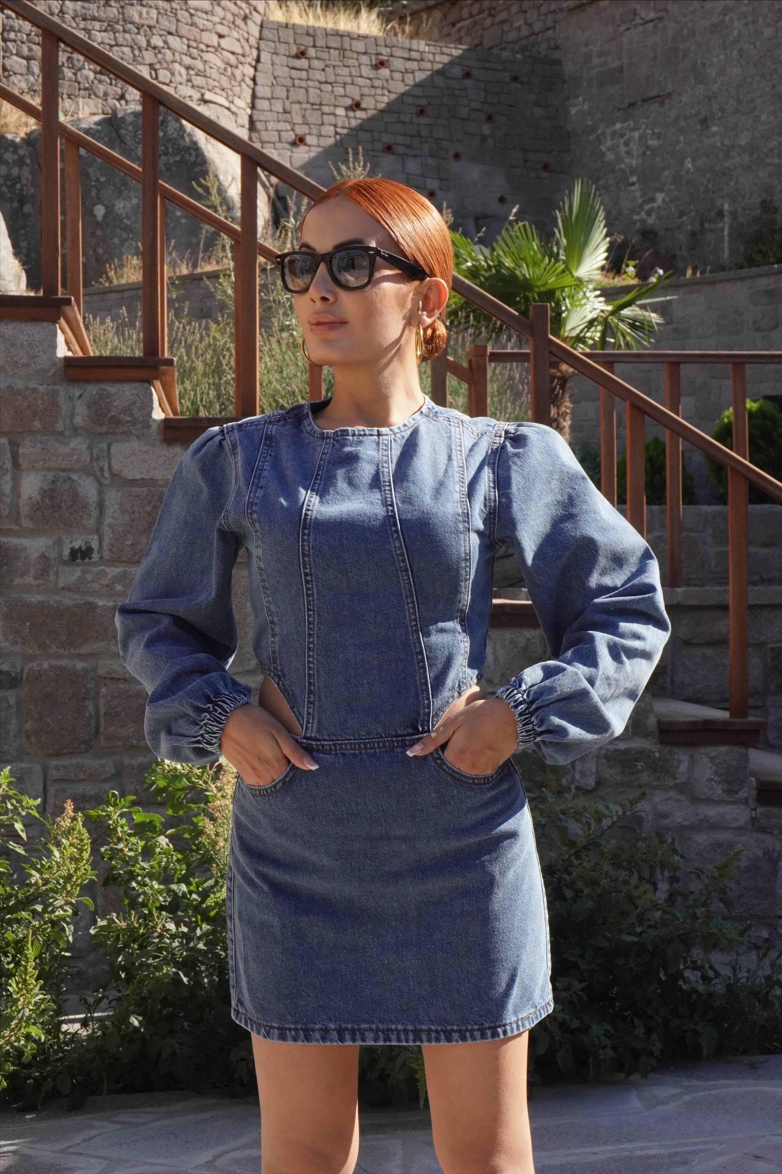 Pencere Detaylı Balon Kol Denim Elbise 