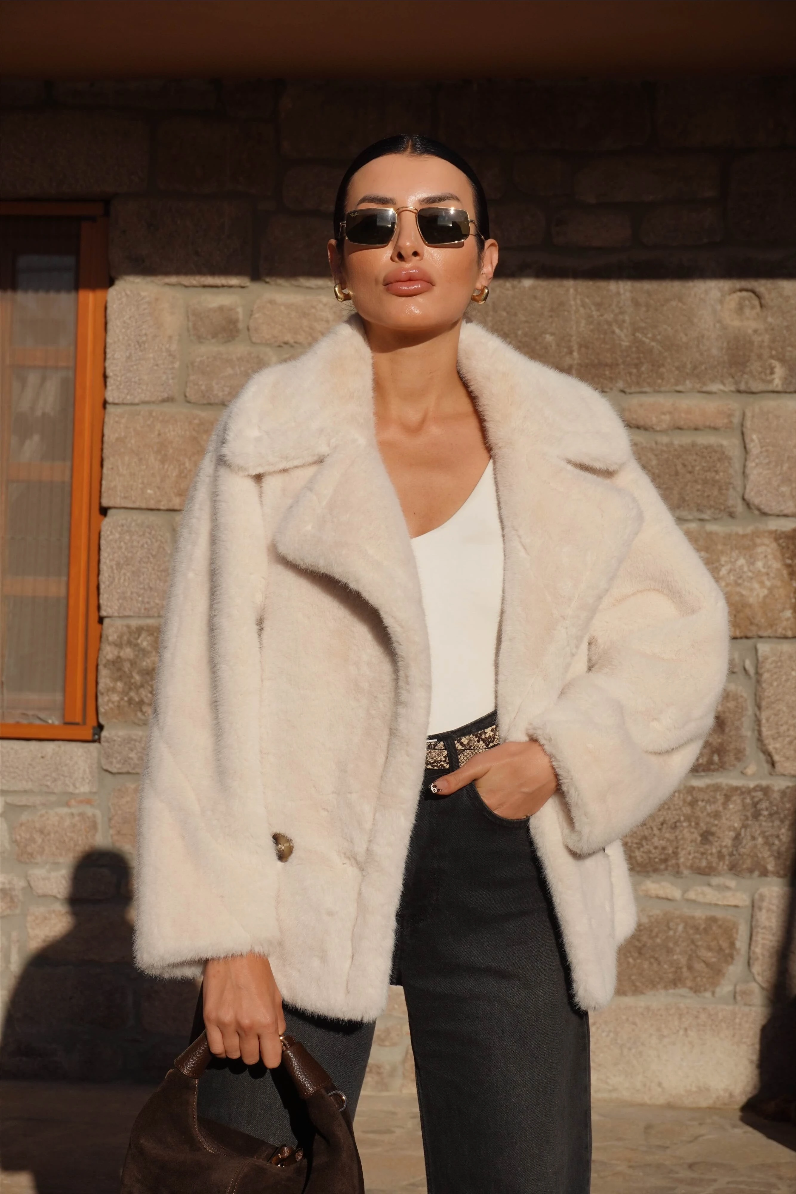 İthal Premium Ekru Peluş Ceket Kürk