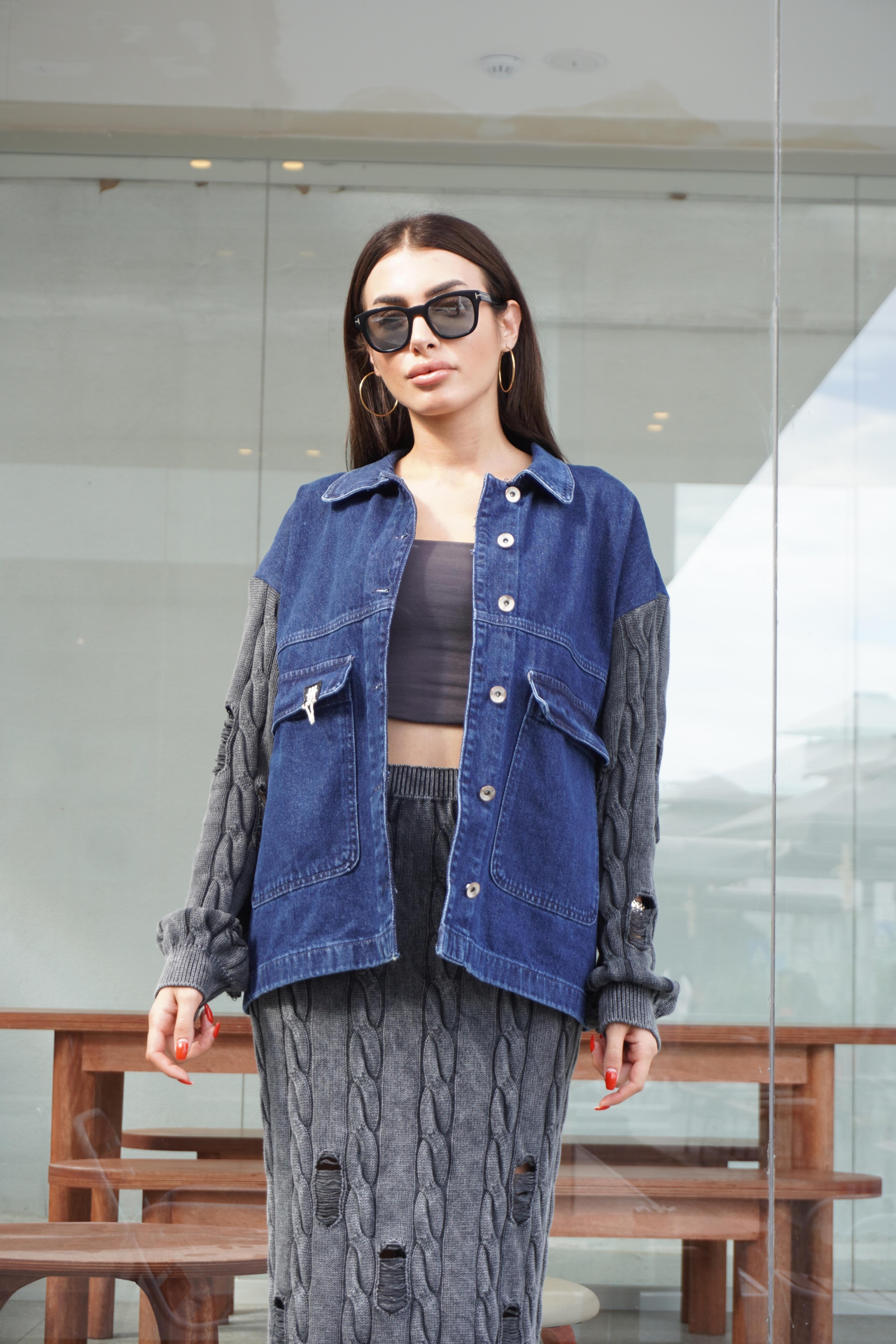 Triko Kol Detaylı Tasarım Oversize Denim Ceket