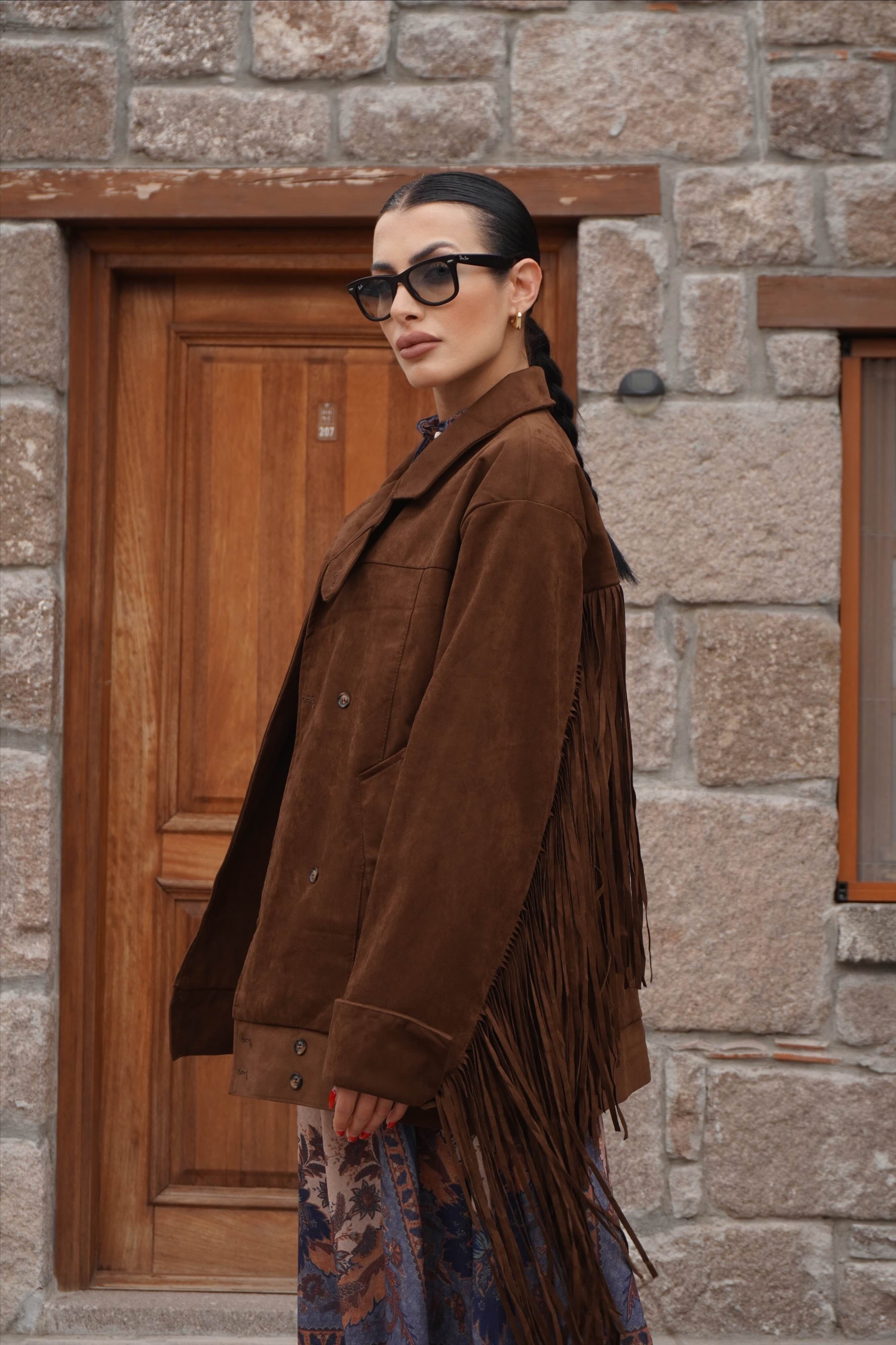 İthal Tasarım Premium Oversize Süet Dokulu Püsküllü Ceket