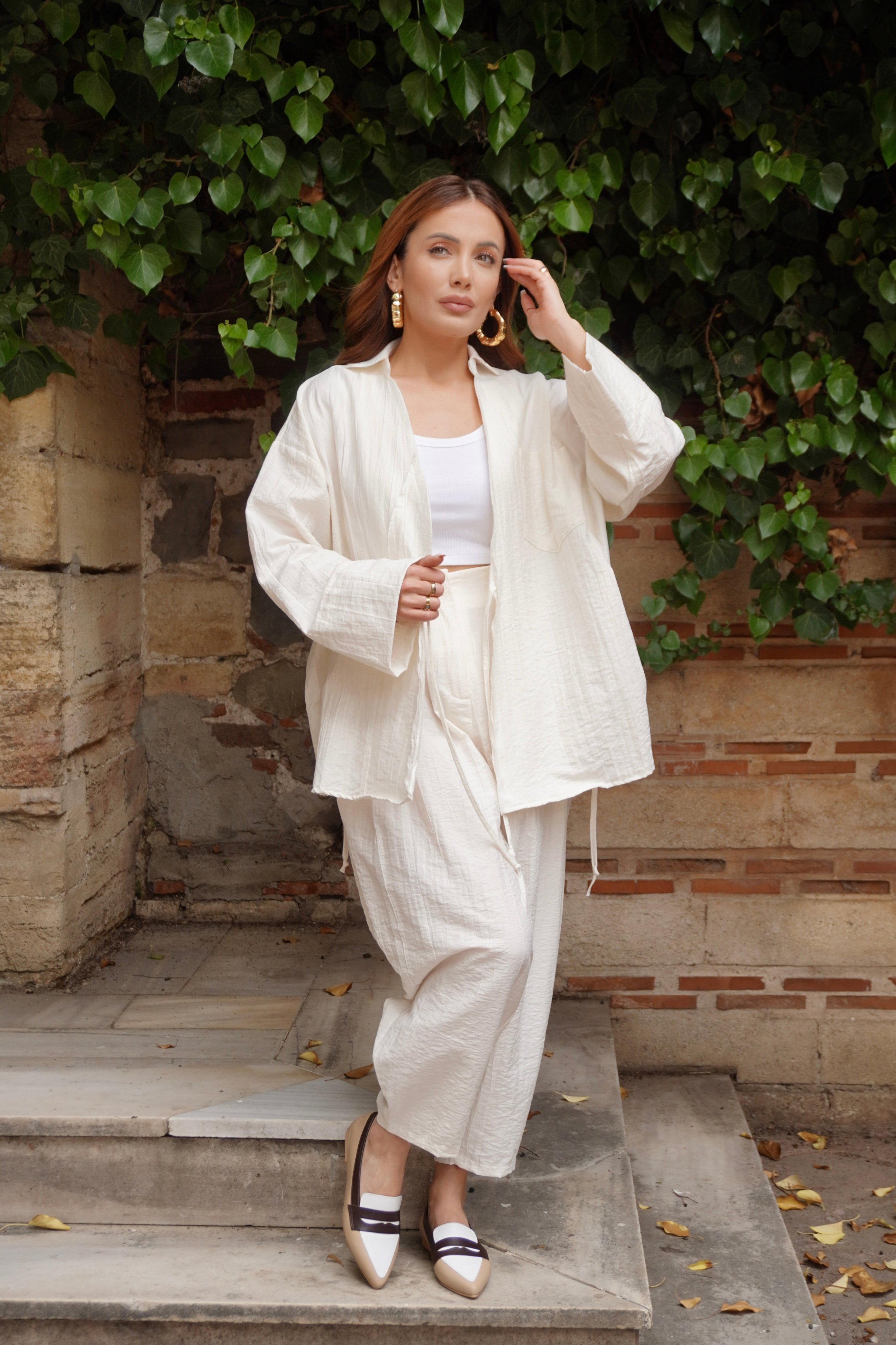 Marka Model Ekru Müslin Kumaş Kimono Gömlek Şalvar Pantolon Takım