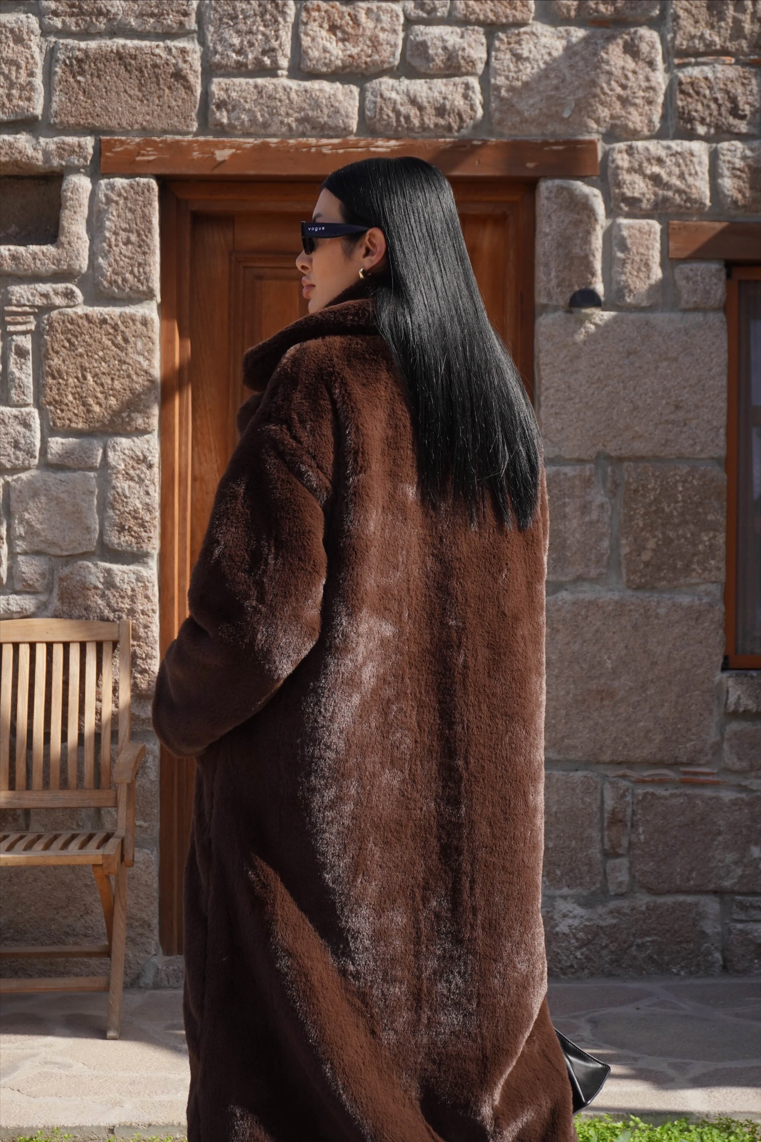 Premium Kahverengi Peluş Tam Boy Kürk Kaban 