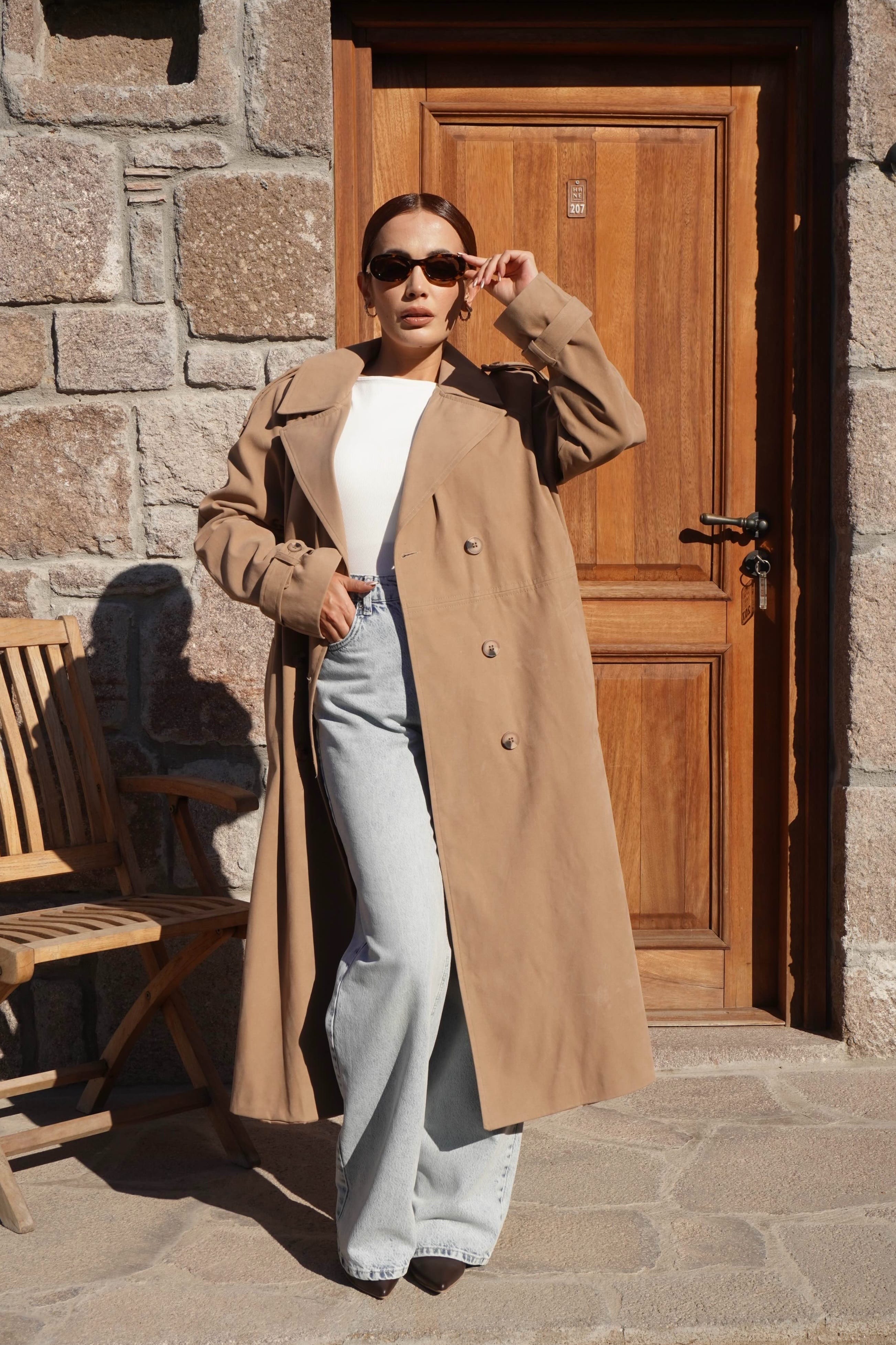 Premium Süet Dokulu Camel Trençkot 