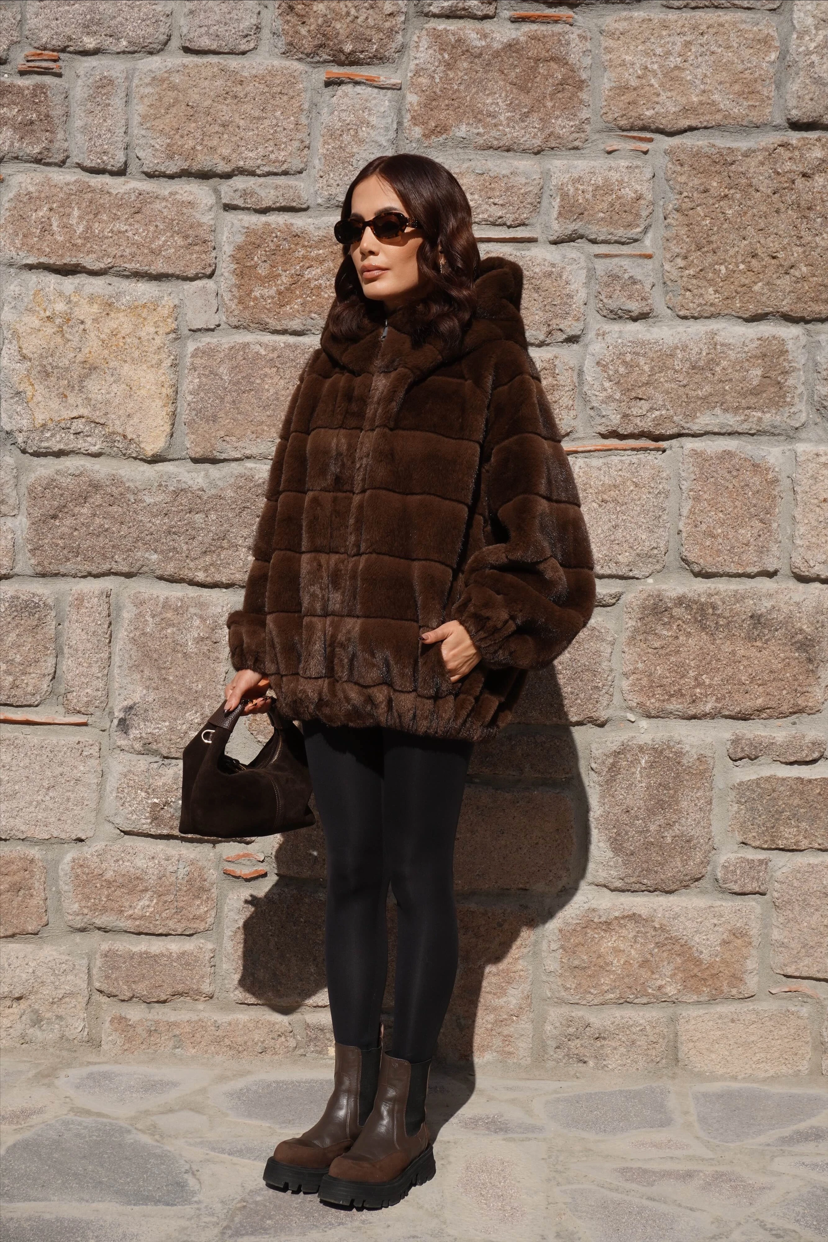 İthal Premium Oversize Kahverengi Kürk Mont