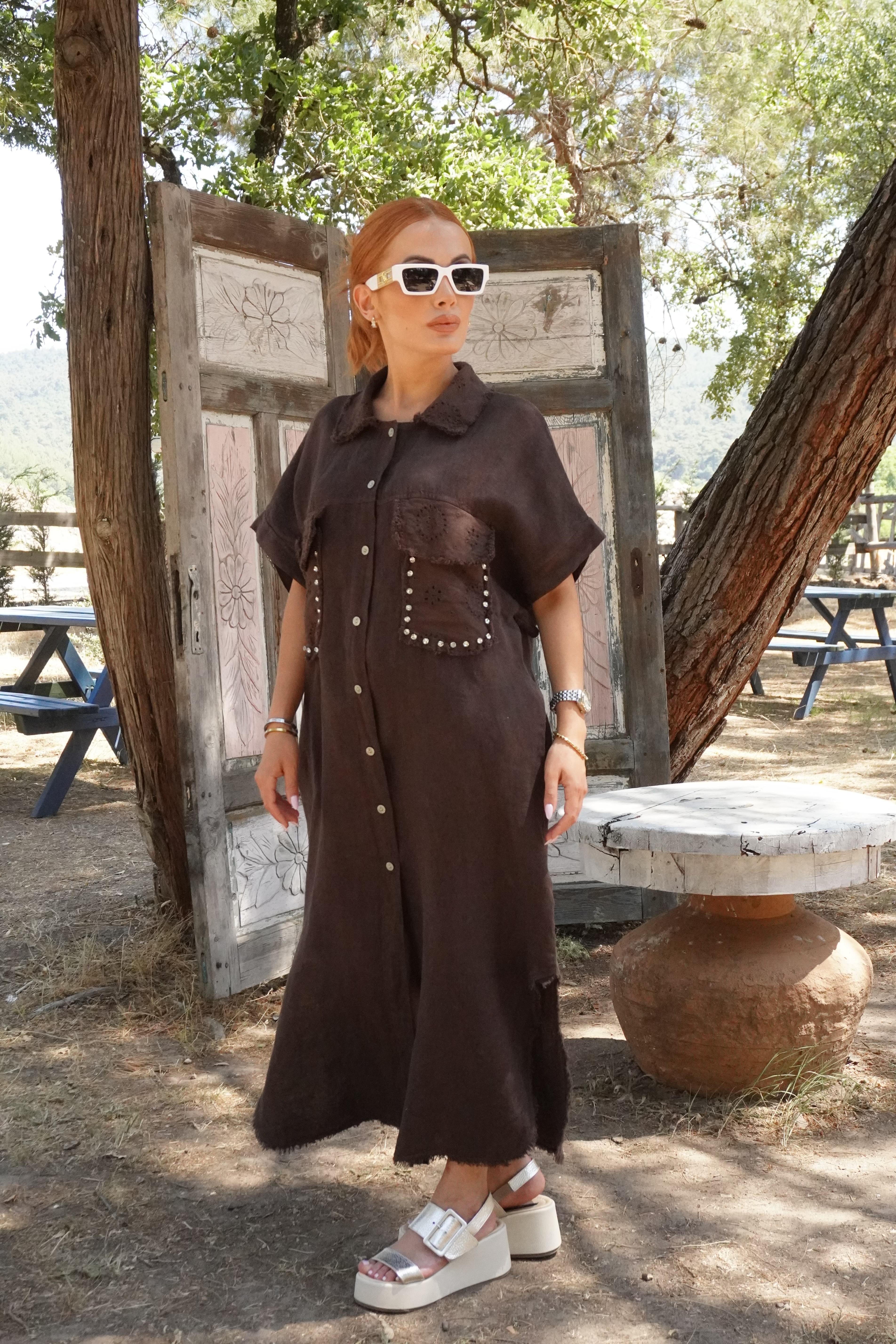 %100 Keten Acı Kahve İthal Taş Aksesuarlı Oversize Elbise 