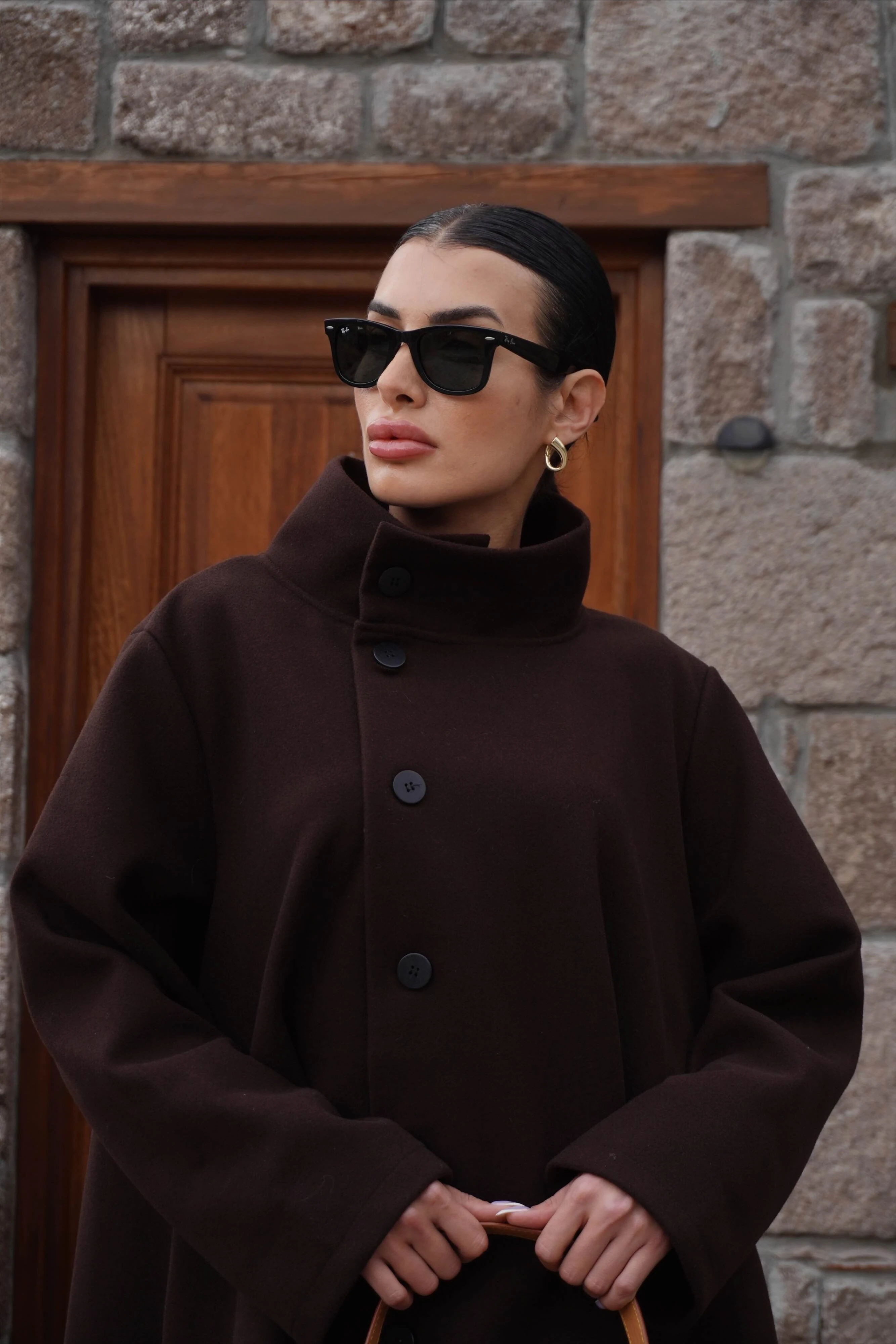 İthal Tasarım Asimetrik Kahve Kaşe Kaban