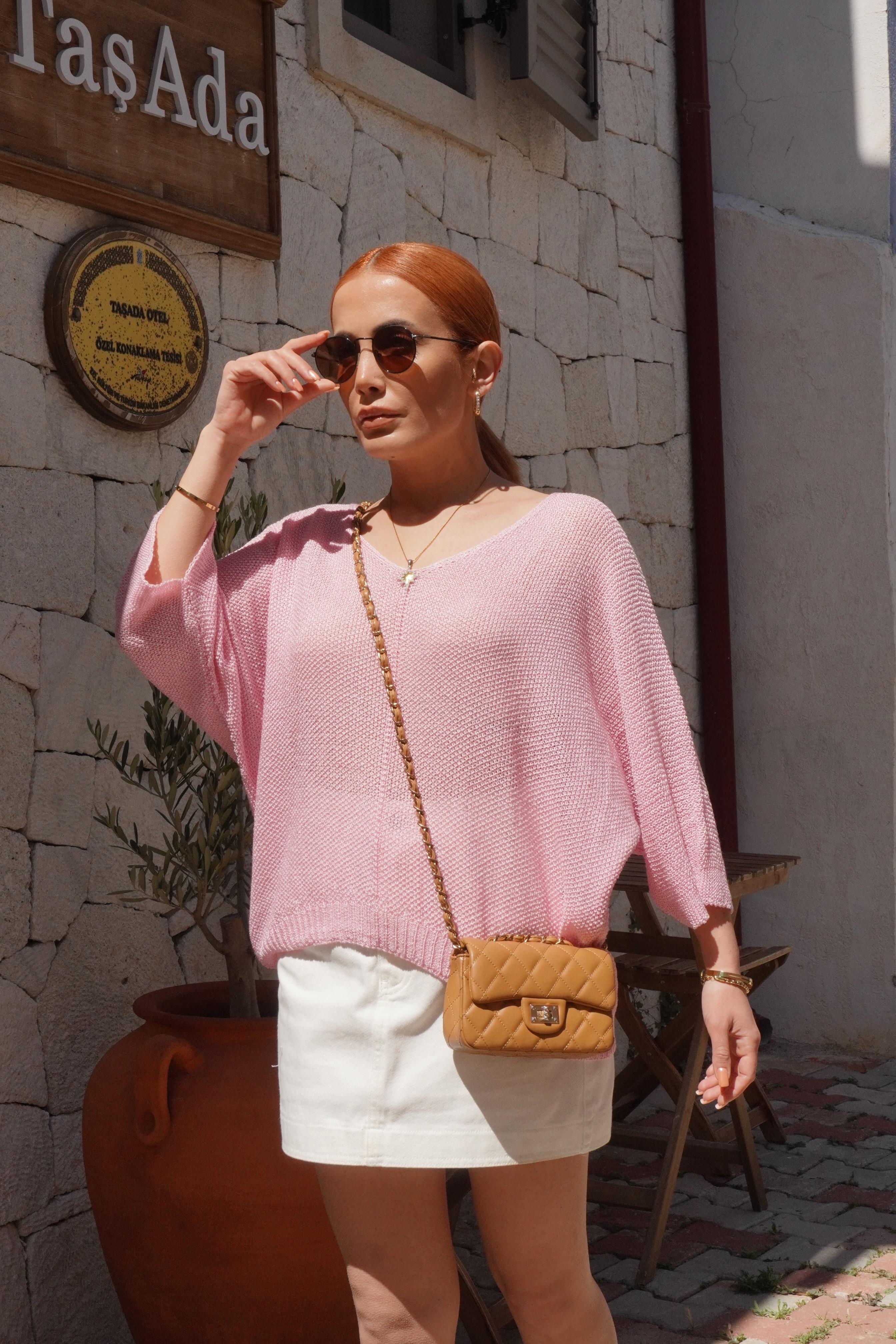 Geniş V Yaka Pembe Merserize Triko