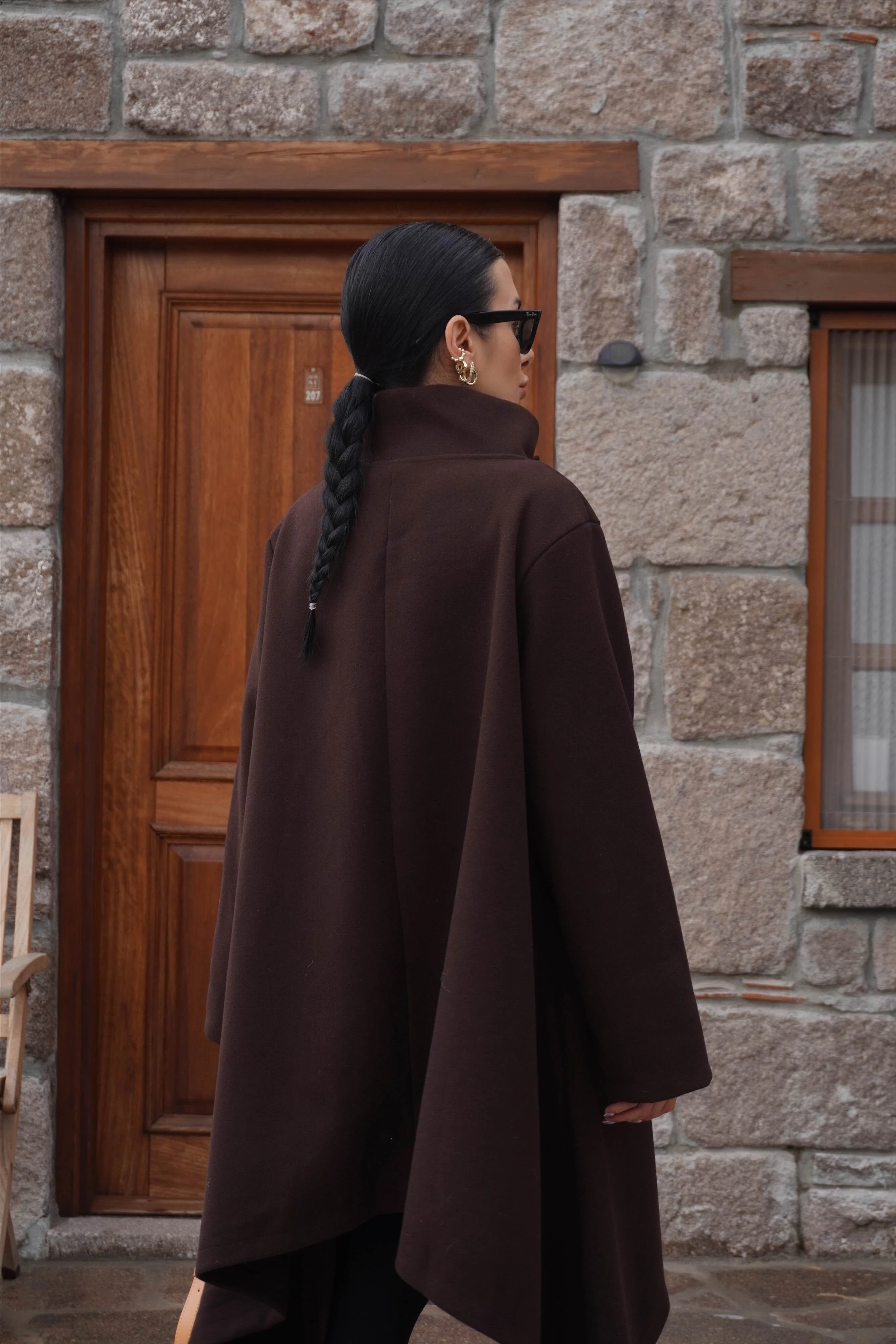 İthal Tasarım Asimetrik Kahve Kaşe Kaban