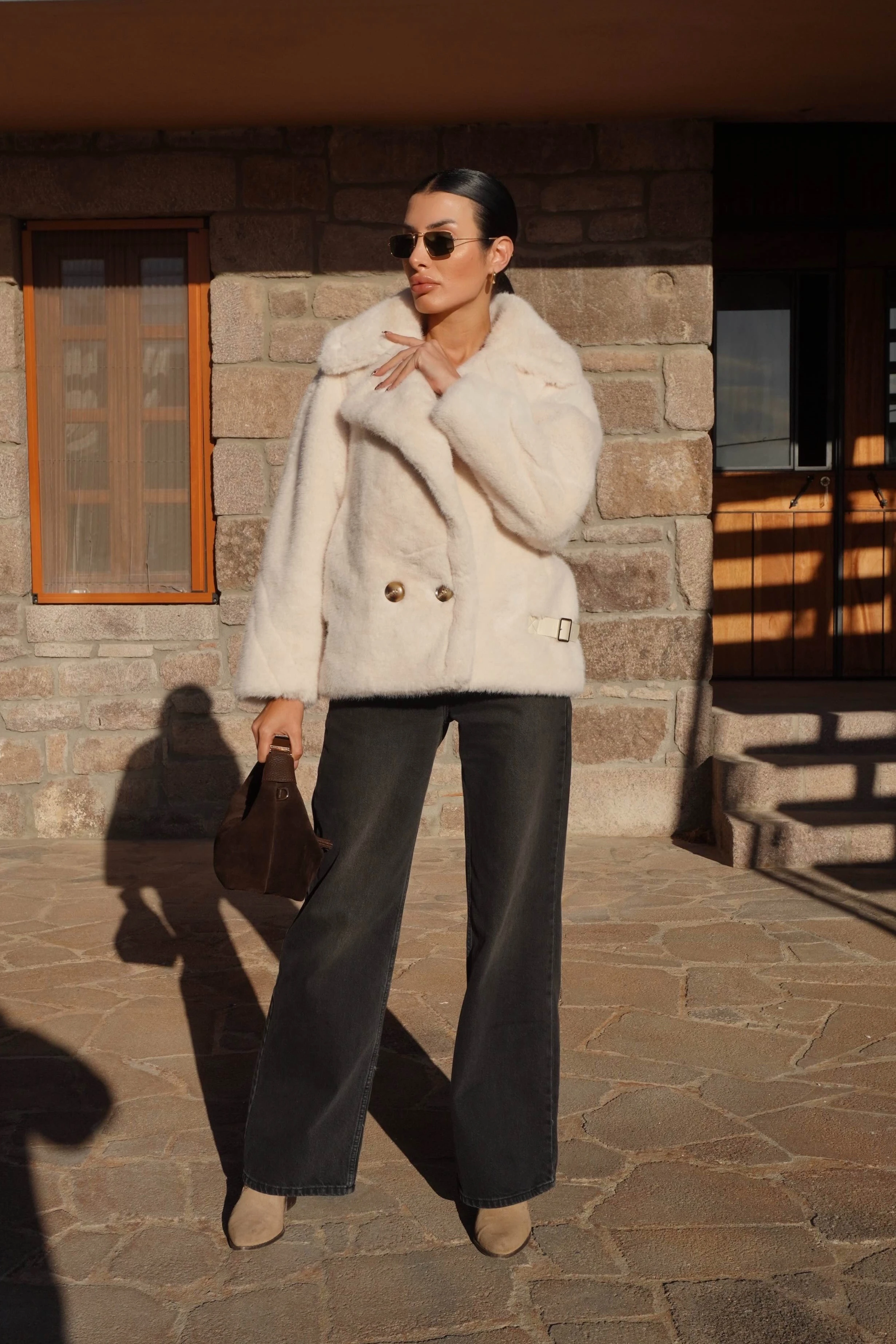 İthal Premium Ekru Peluş Ceket Kürk