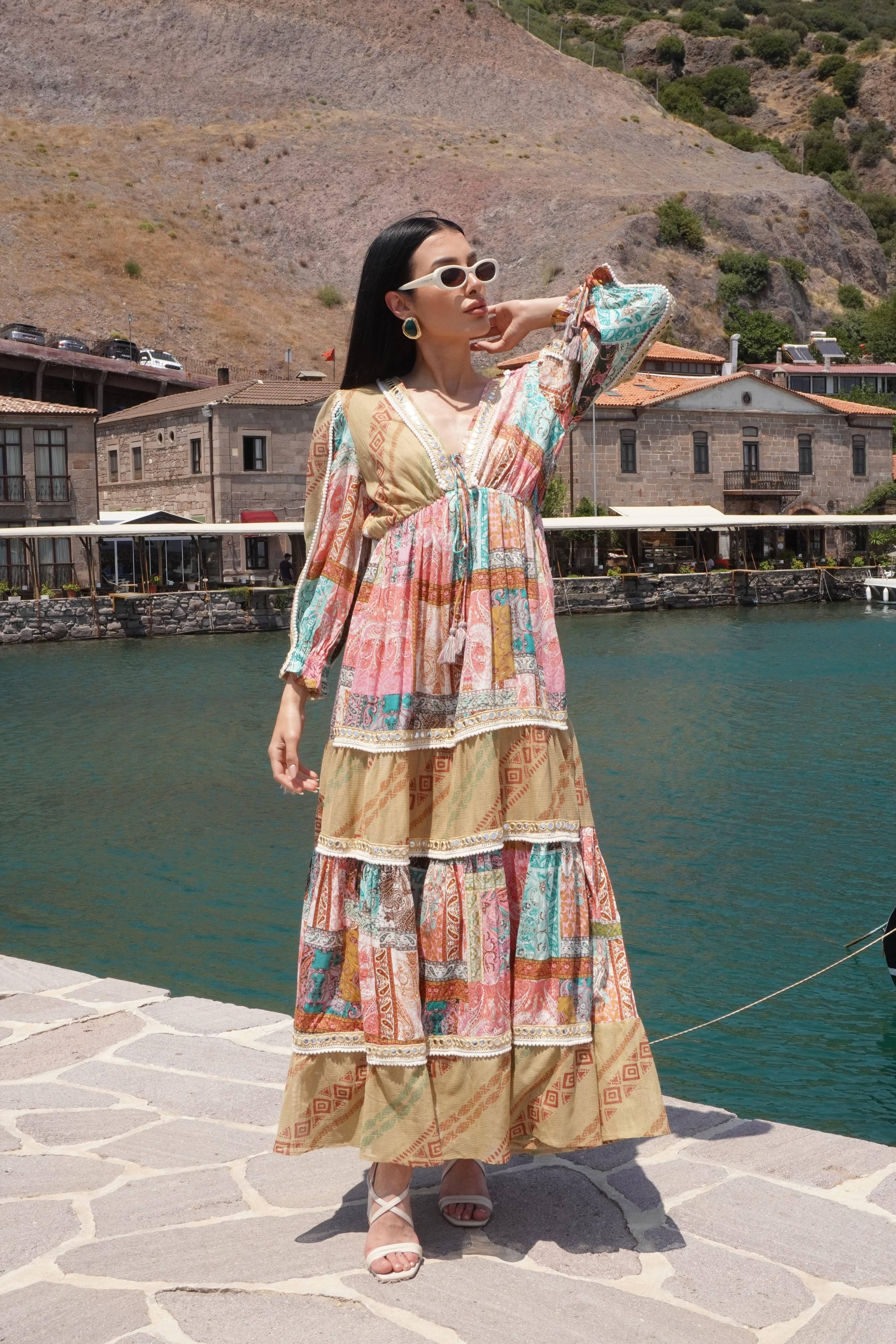 İthal Tasarım Patchwork Elbise 