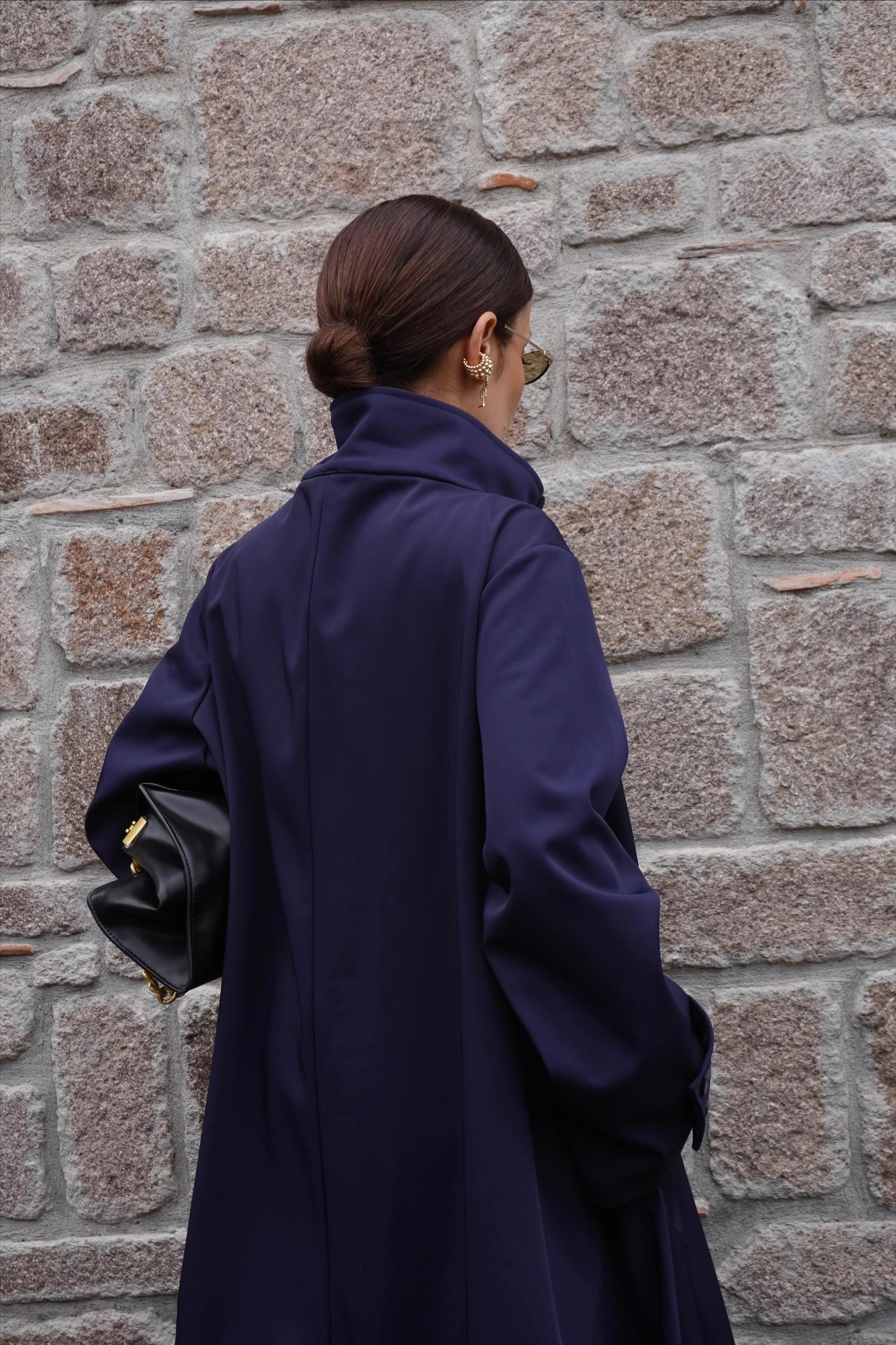 İthal Tasarım Asimetrik Kesim Lacivert Trençkot