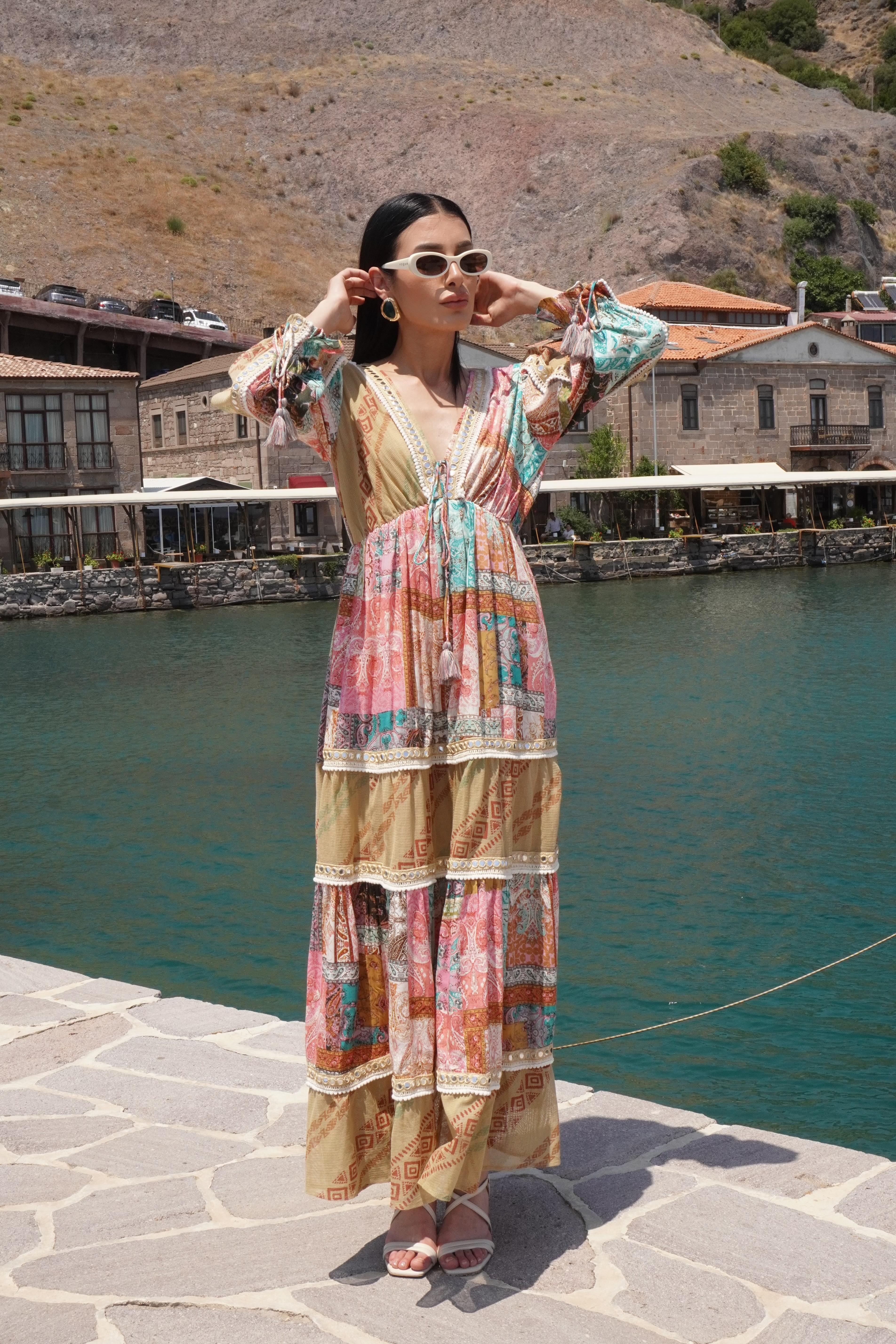 İthal Tasarım Patchwork Elbise 
