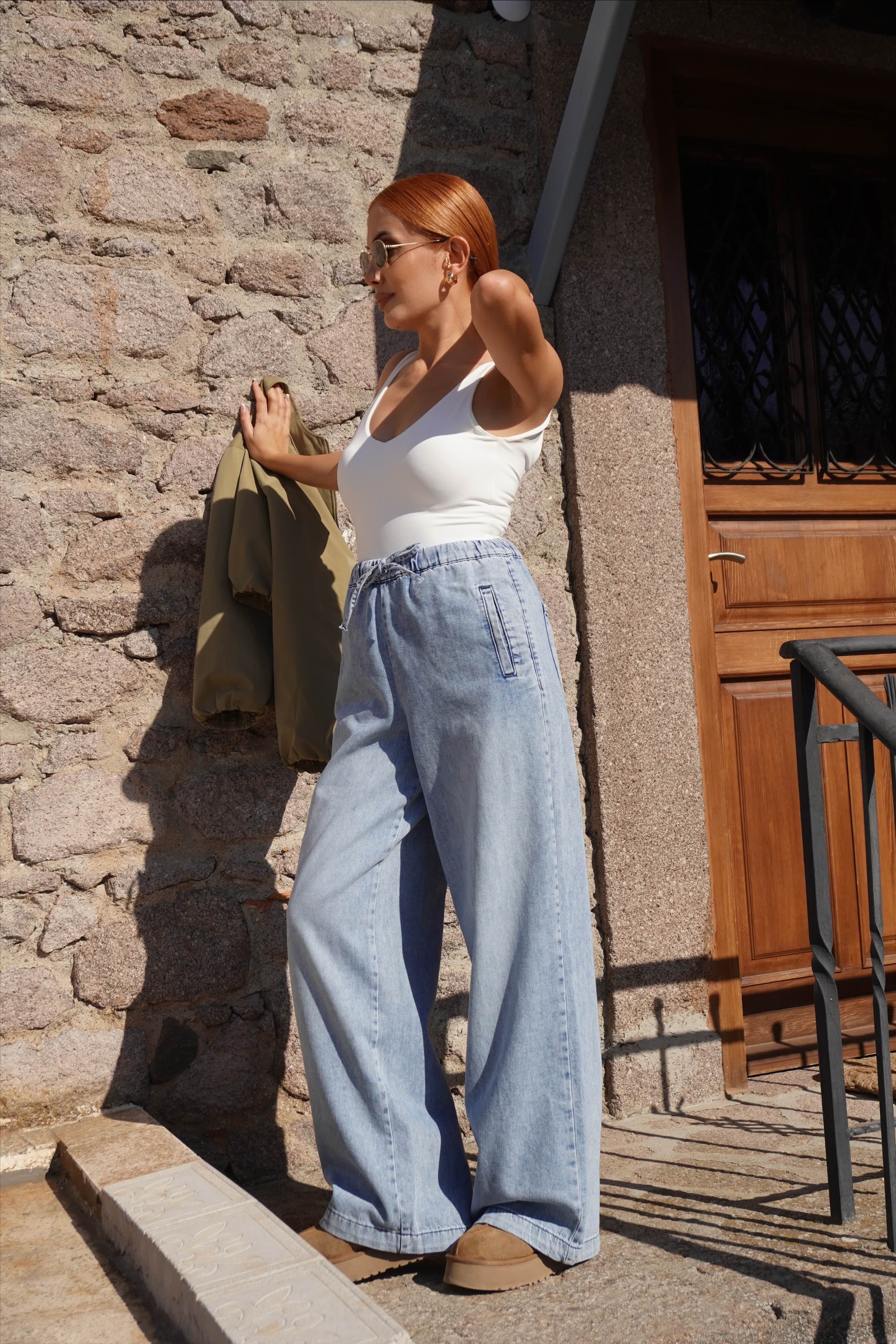 Bel Lastikli Bağcıklı Geniş Paça Jean 