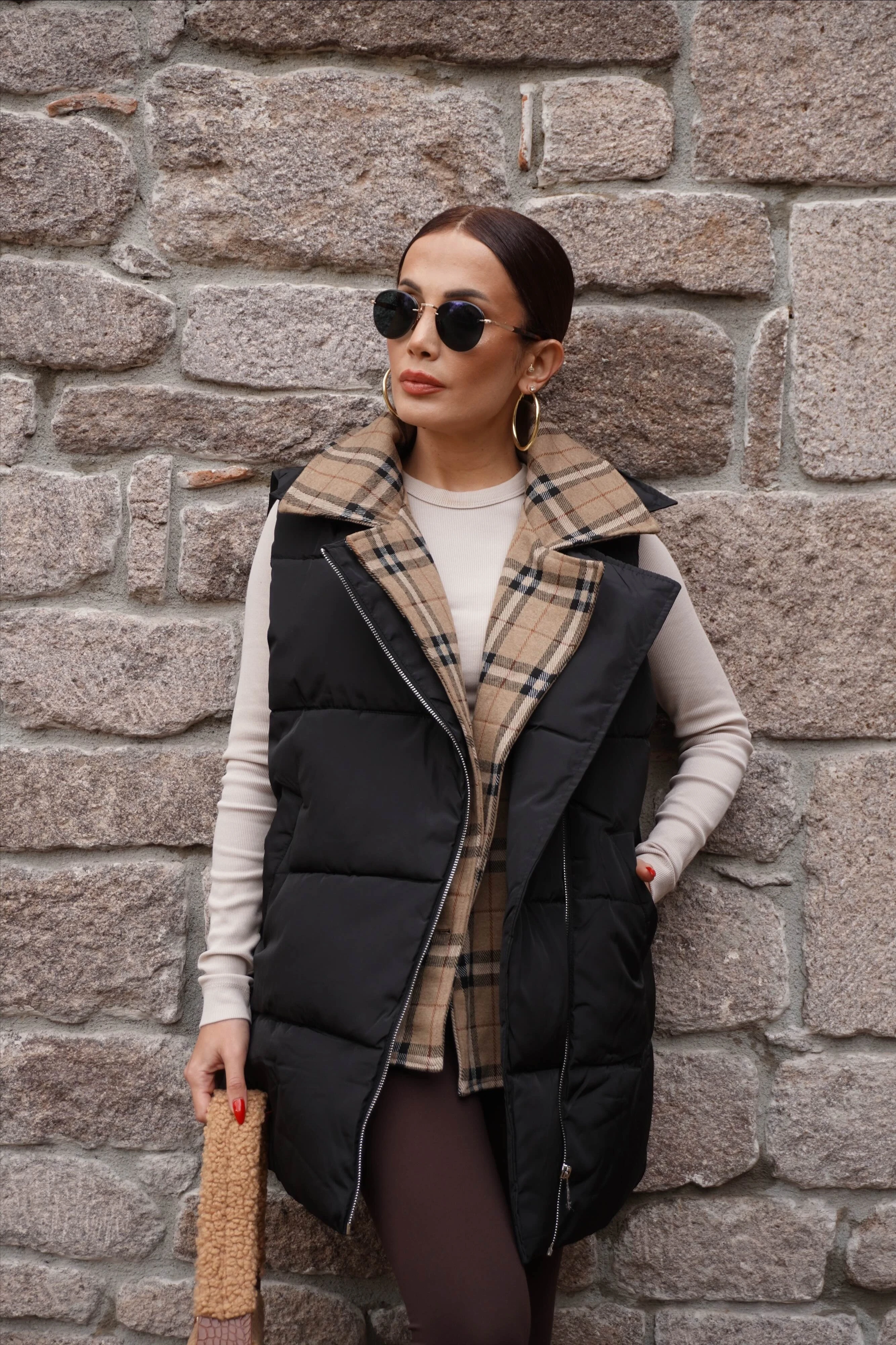 İthal Tasarım Ekose Desenli Yelek 