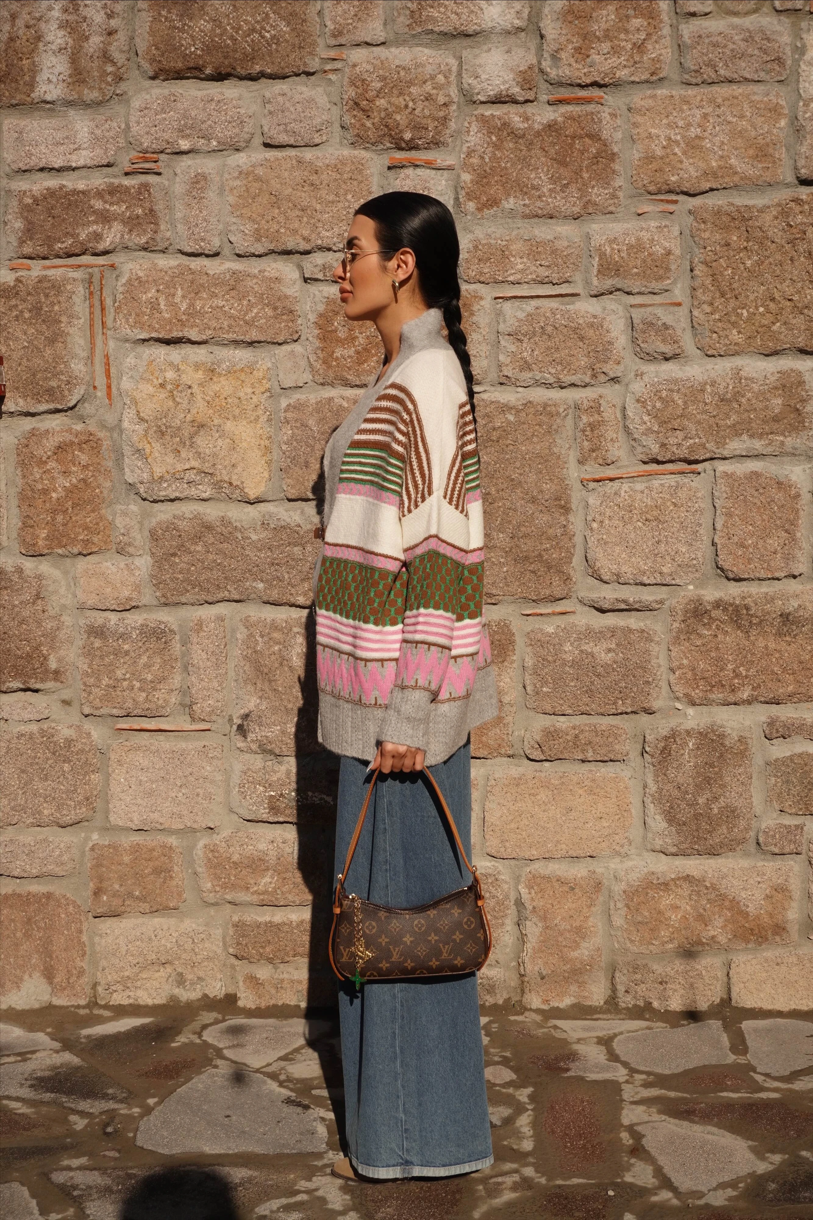 Kemer Detaylı Oversize Gri-Ekru Hırka