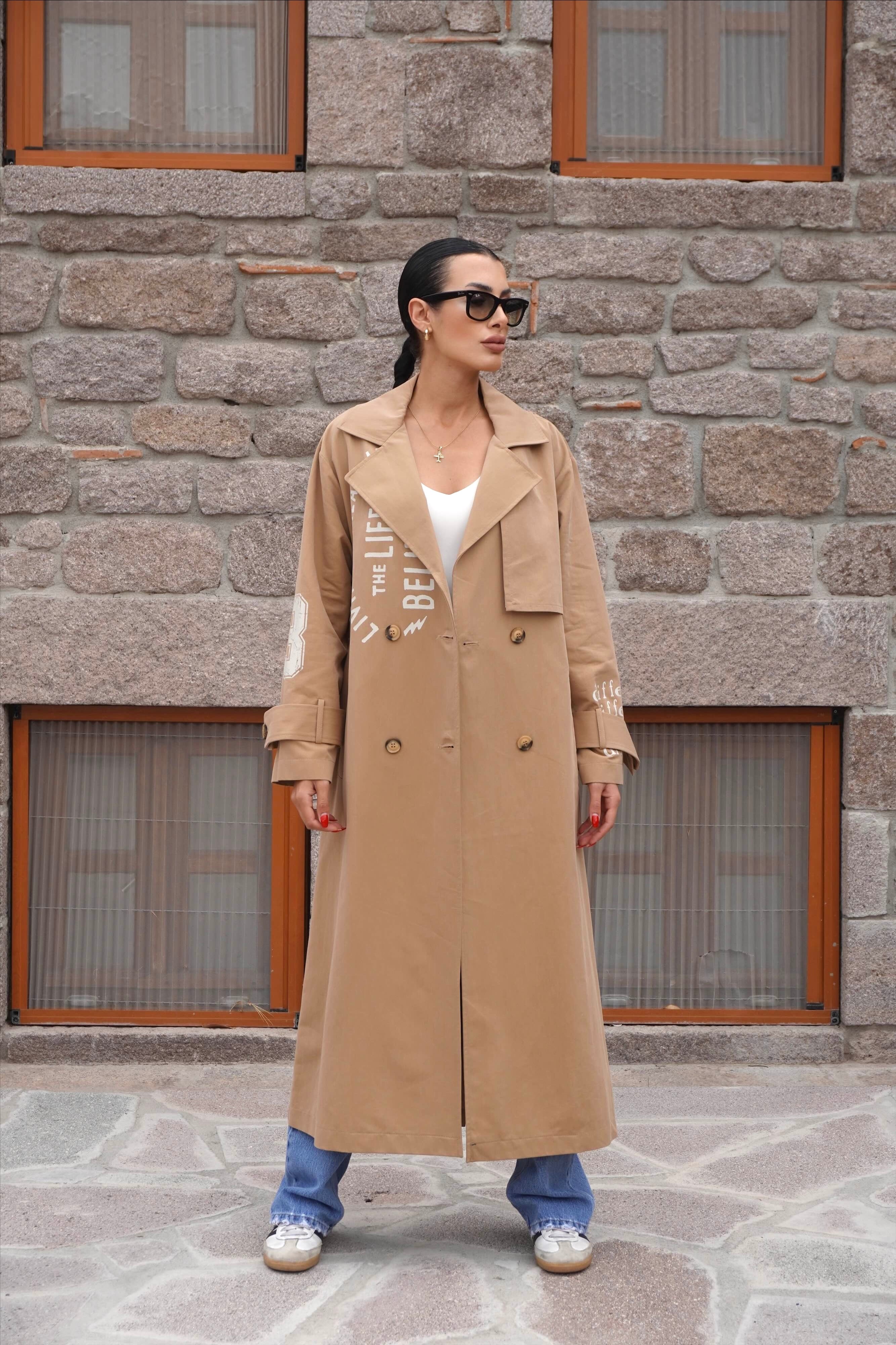 Yazı Baskılı Premium Camel Trençkot