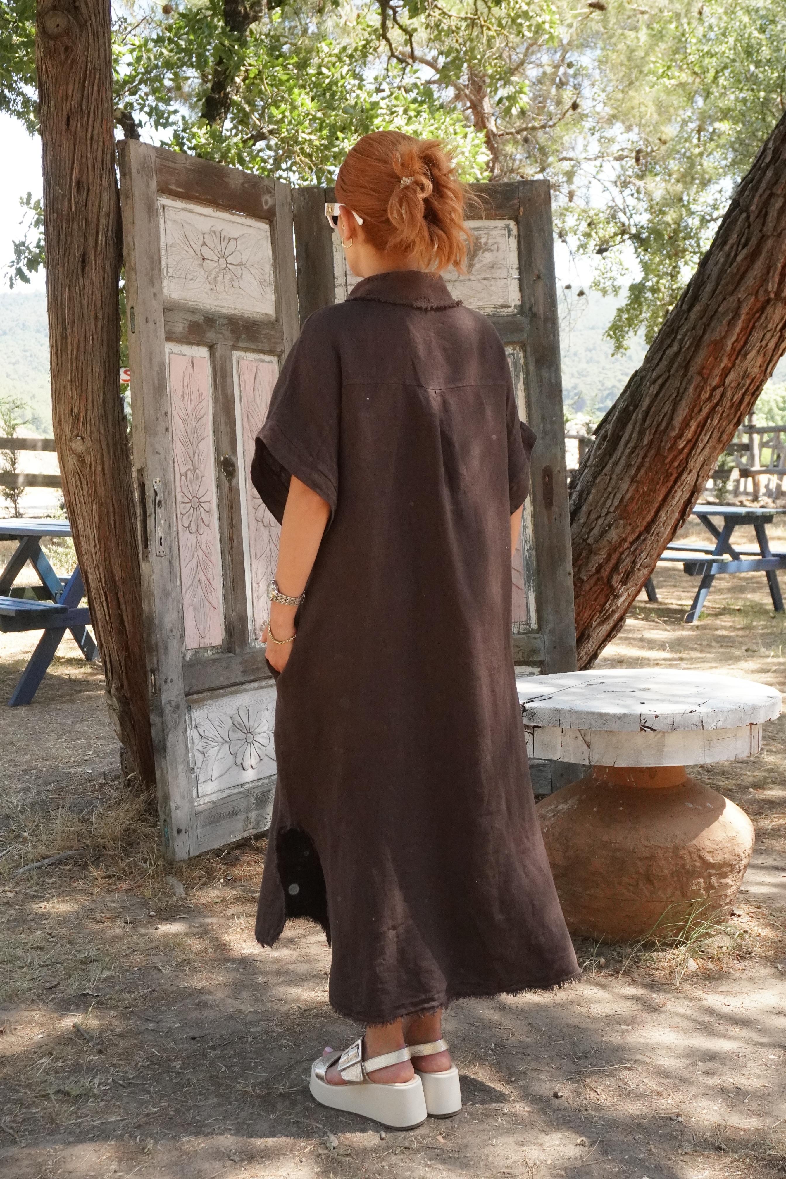 %100 Keten Acı Kahve İthal Taş Aksesuarlı Oversize Elbise 