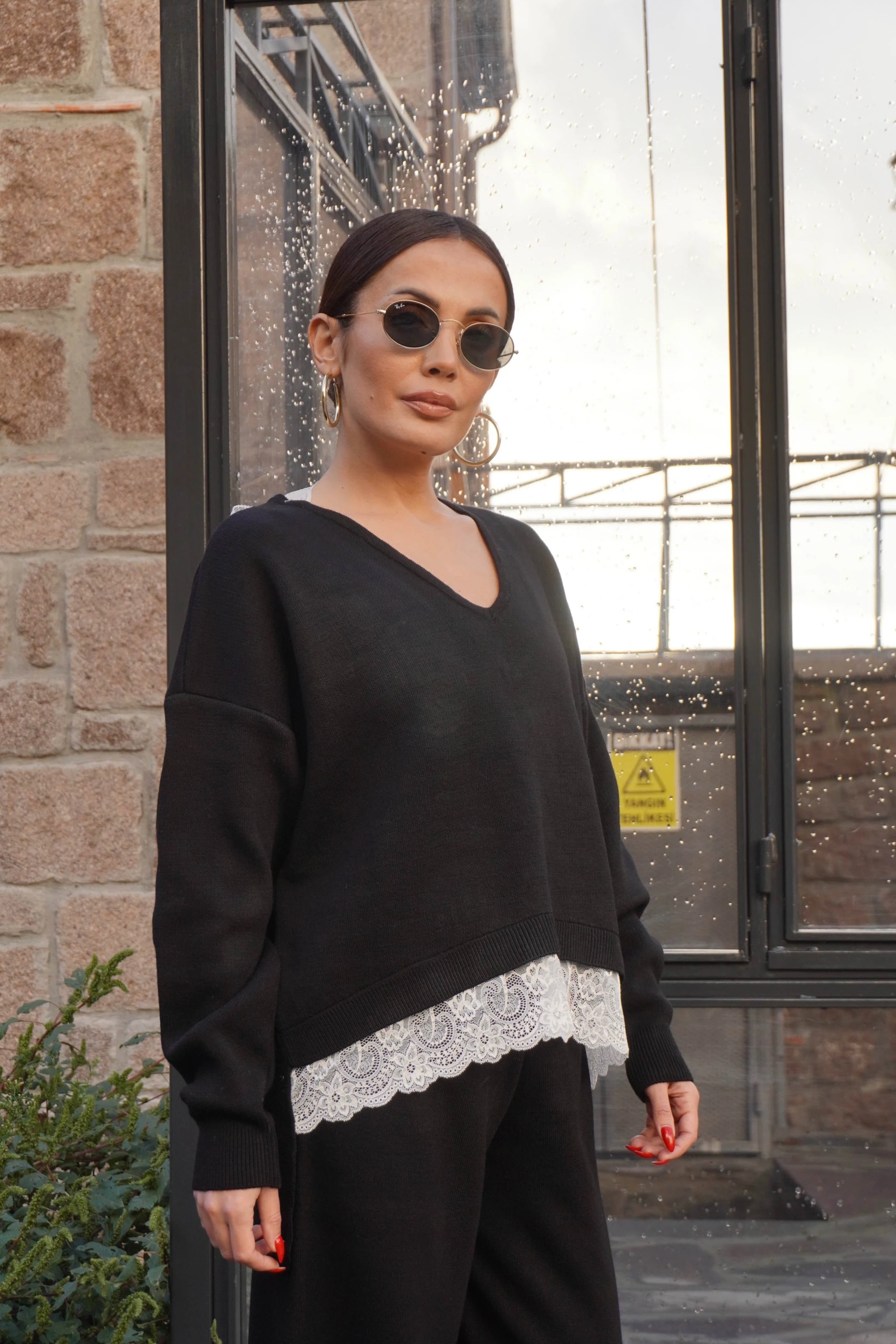 Dantel Detaylı Triko Kazak Pantolon