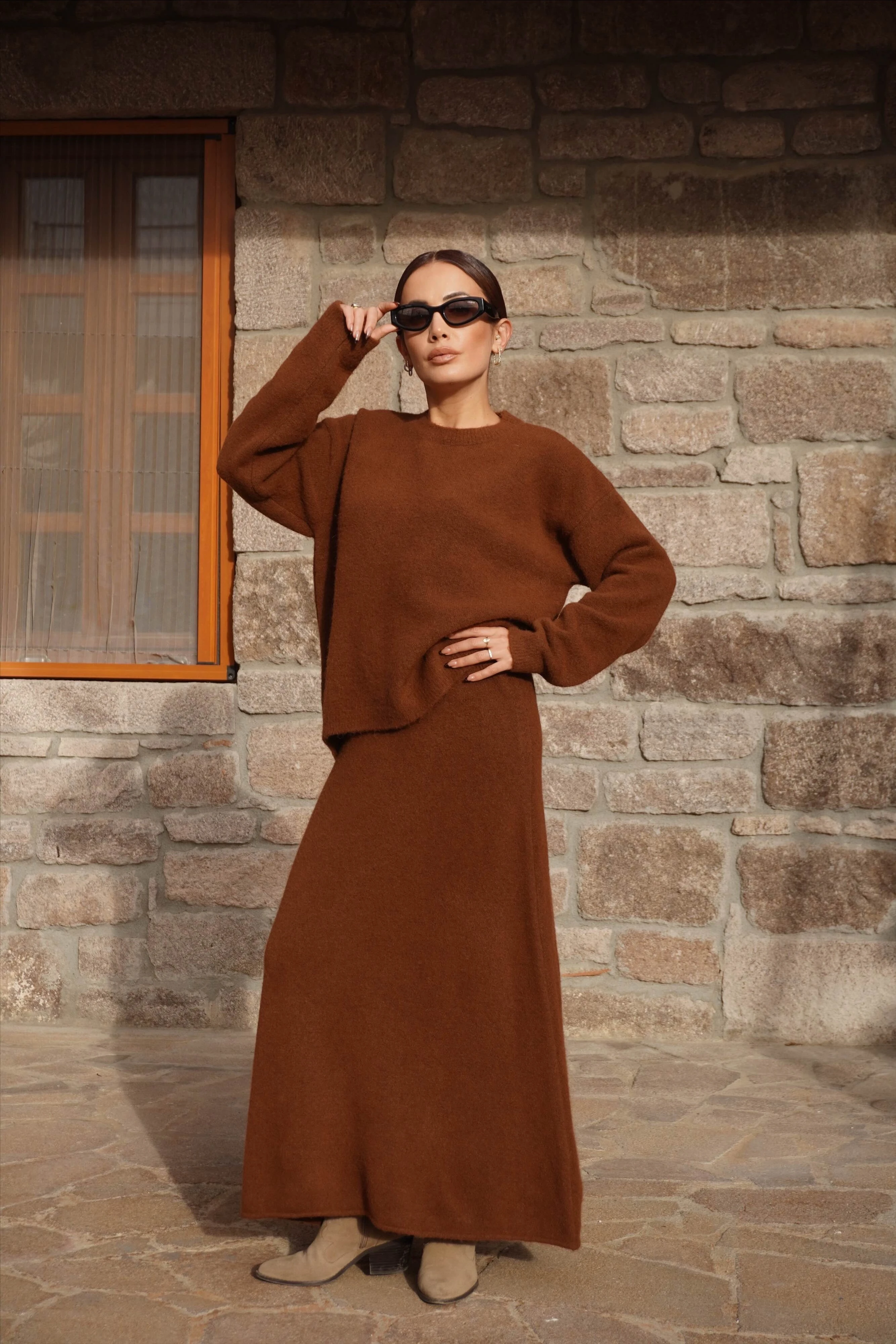 Premium Tarçın Renk Etek Kazak Triko Takım