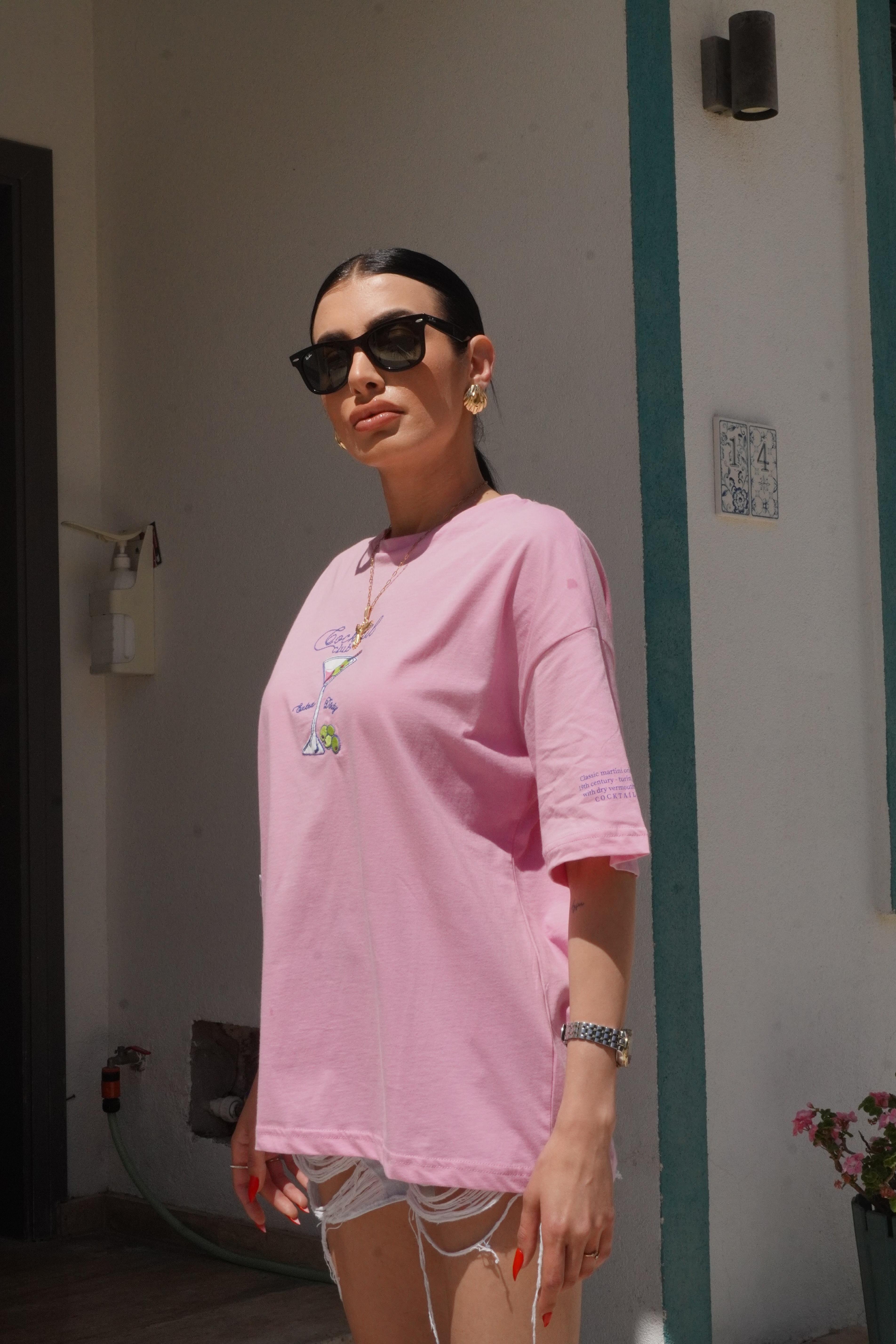 Bardak Baskılı Oversize Pembe Tişört