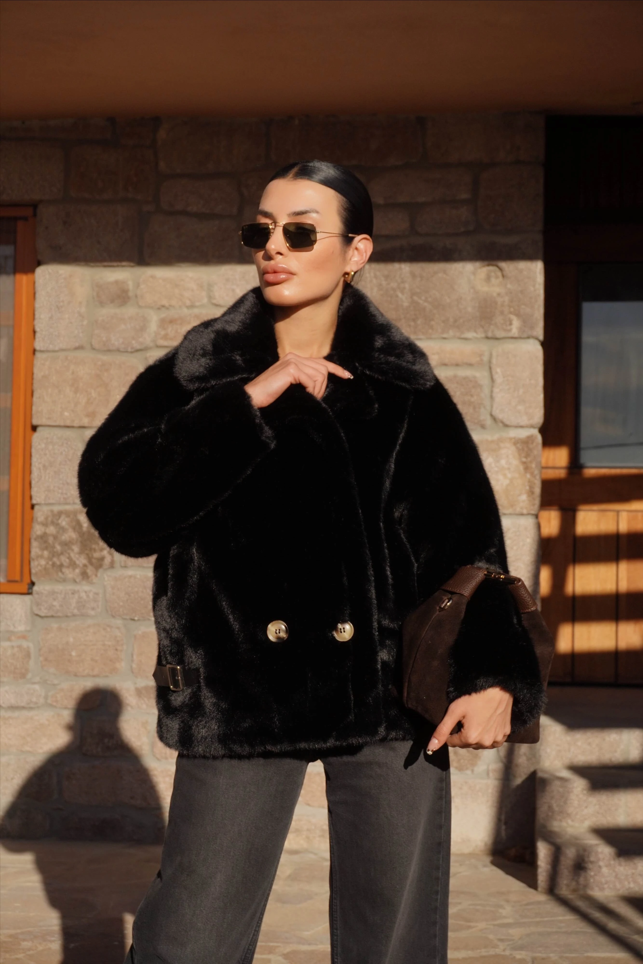 İthal Premium Siyah Peluş Ceket Kürk