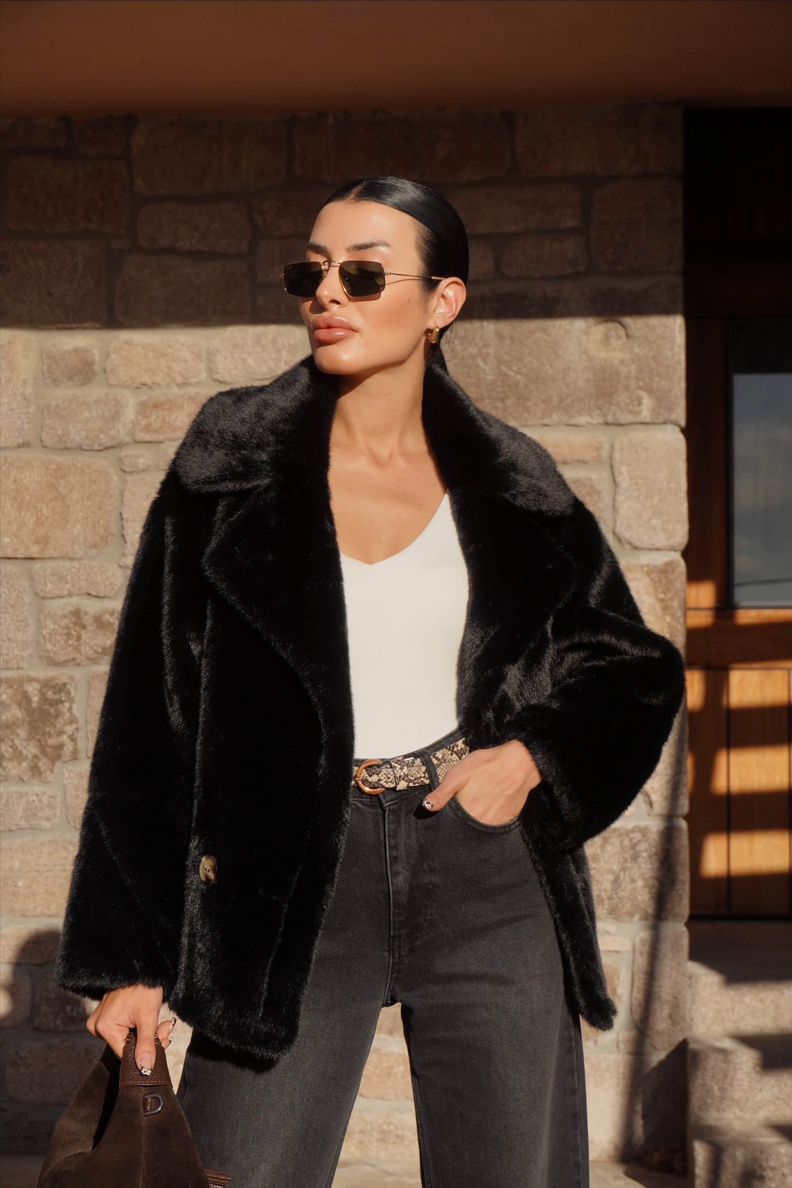 İthal Premium Siyah Peluş Ceket Kürk