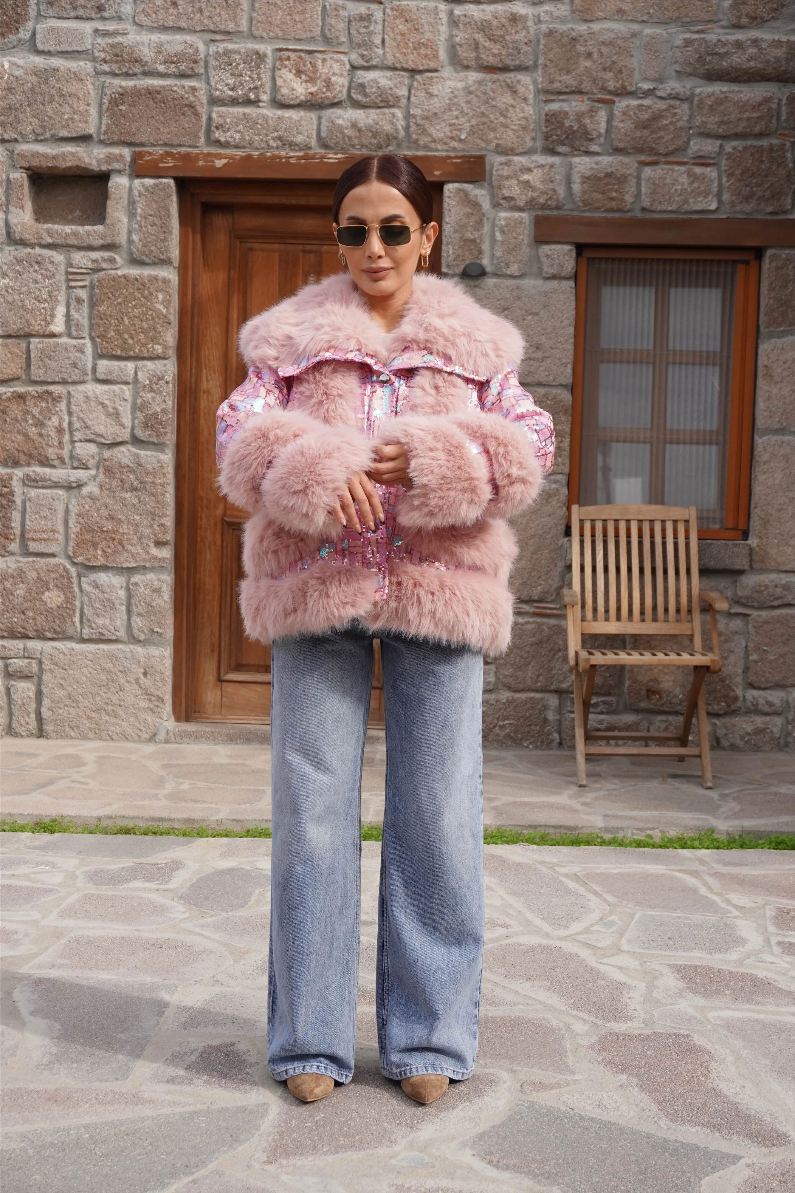 İthal Tasarım Premium Pembe Kürk Detaylı Mont