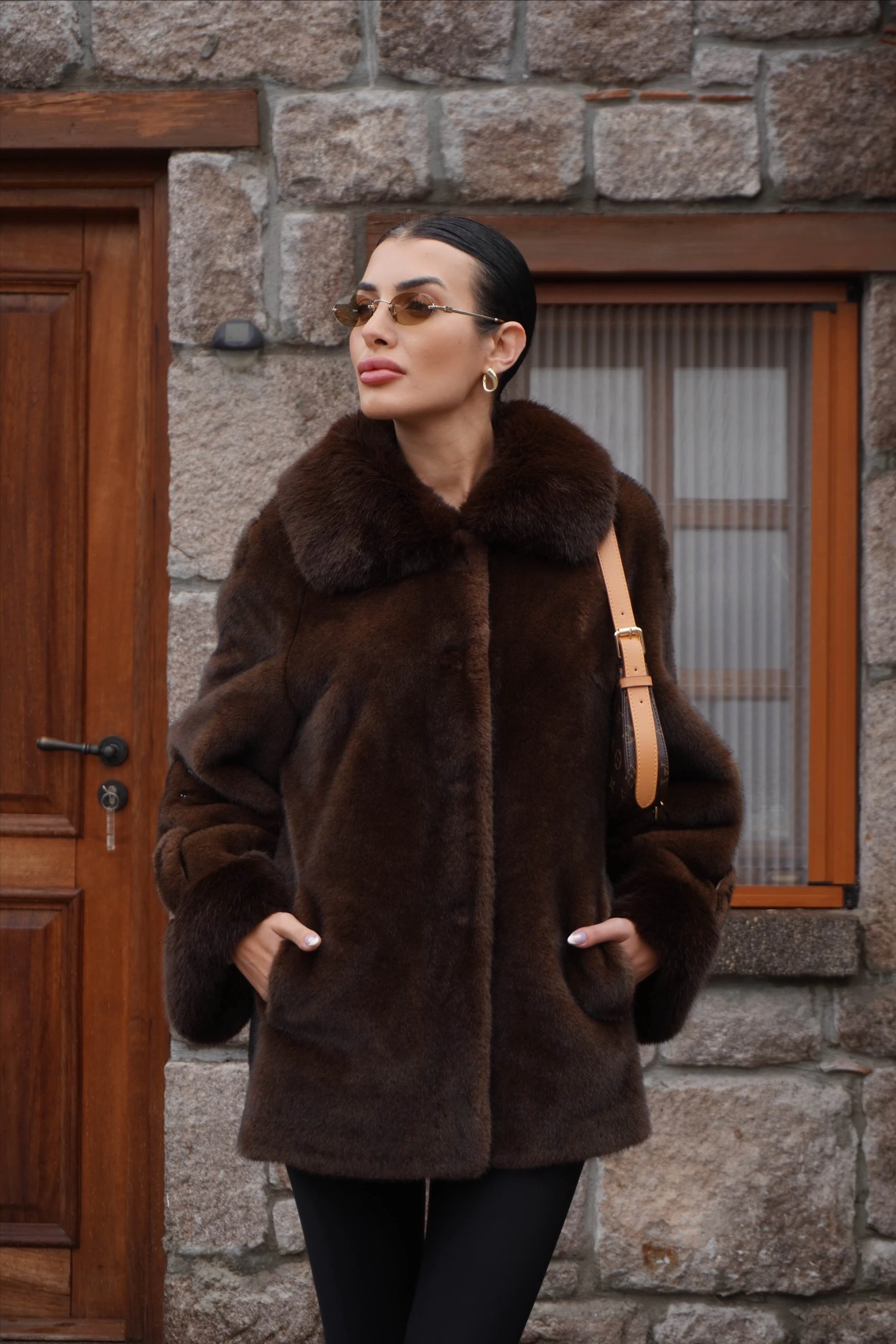 İthal Tasarım Kahverengi Ceket Kürk