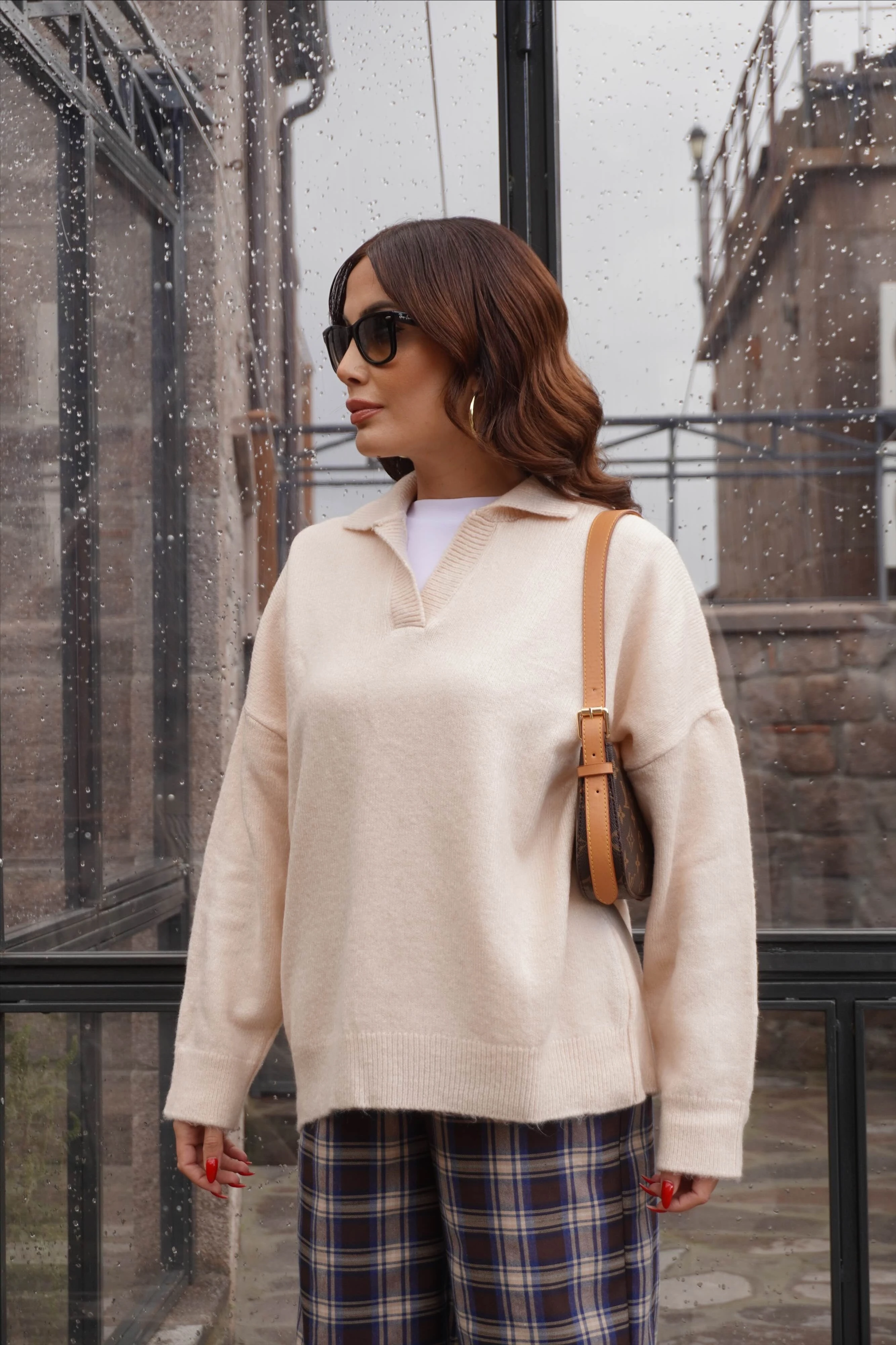 Polo Yaka Düz Vanilya Kazak 