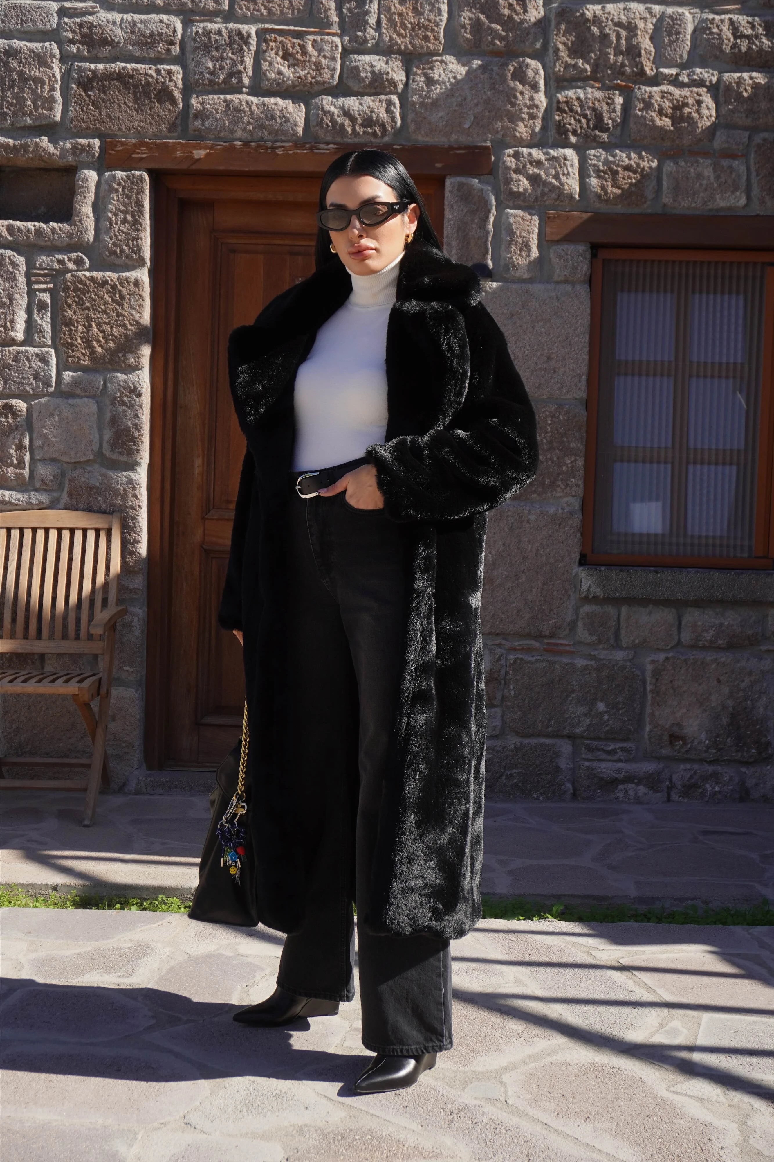 Premium Siyah Peluş Tam Boy Kürk Kaban 