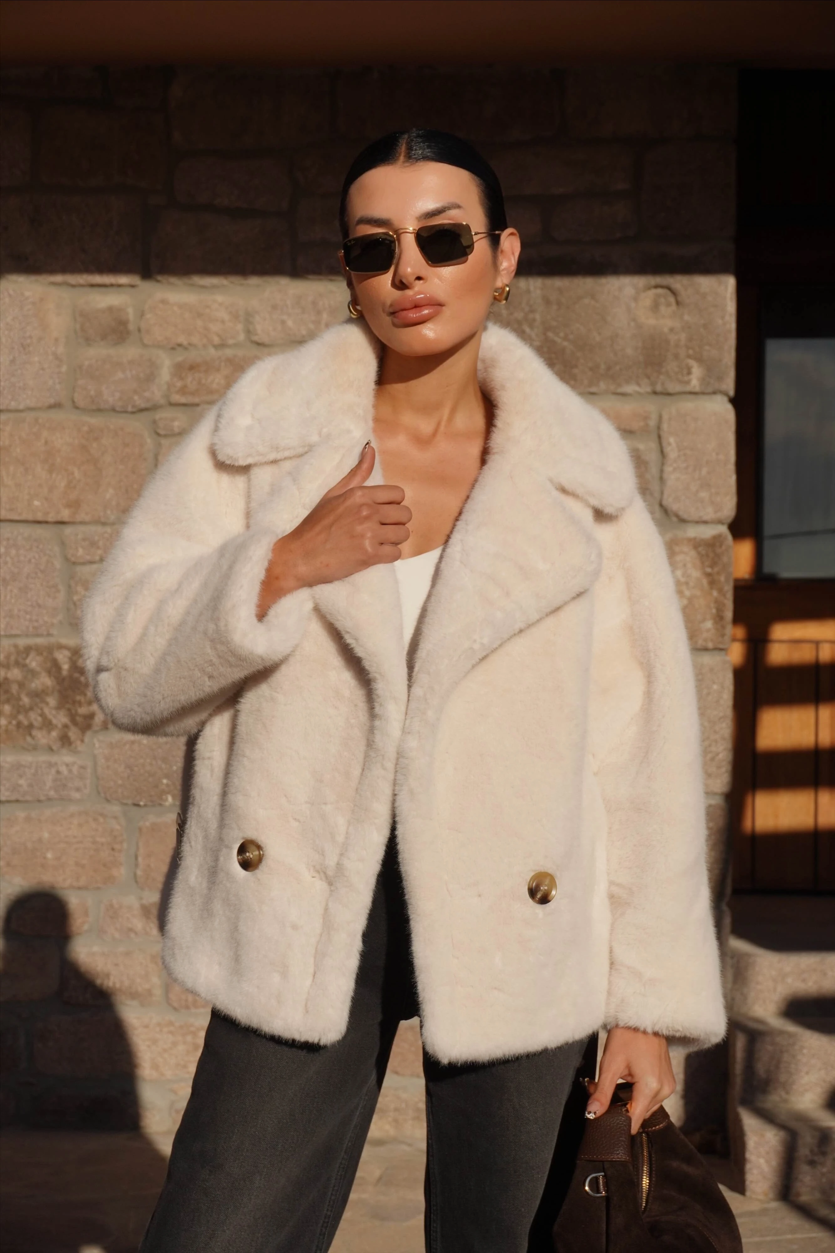 İthal Premium Ekru Peluş Ceket Kürk