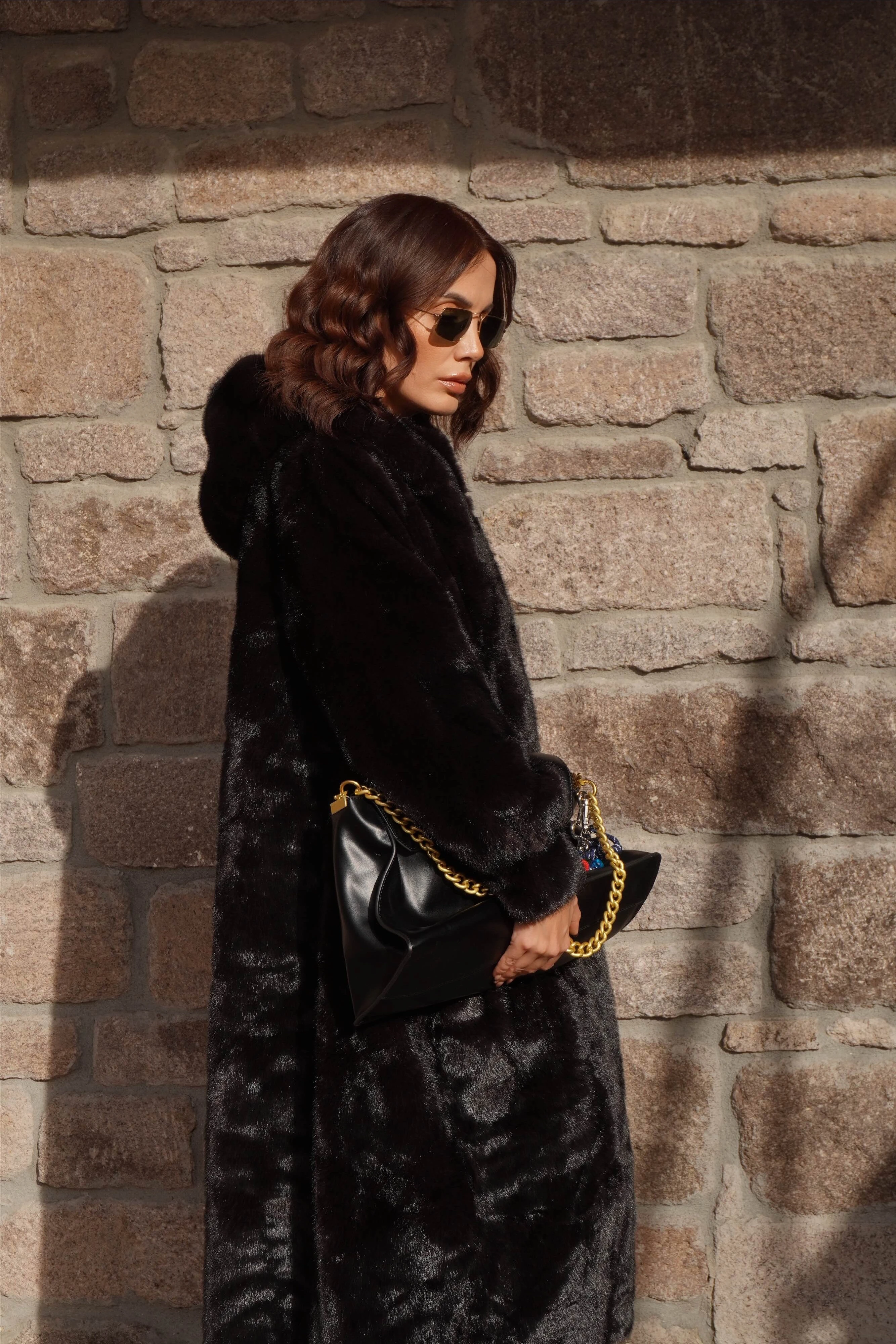 İthal Premium Vintage Görünümlü Kapüşonlu Acı Kahve Lüx Kürk Mont