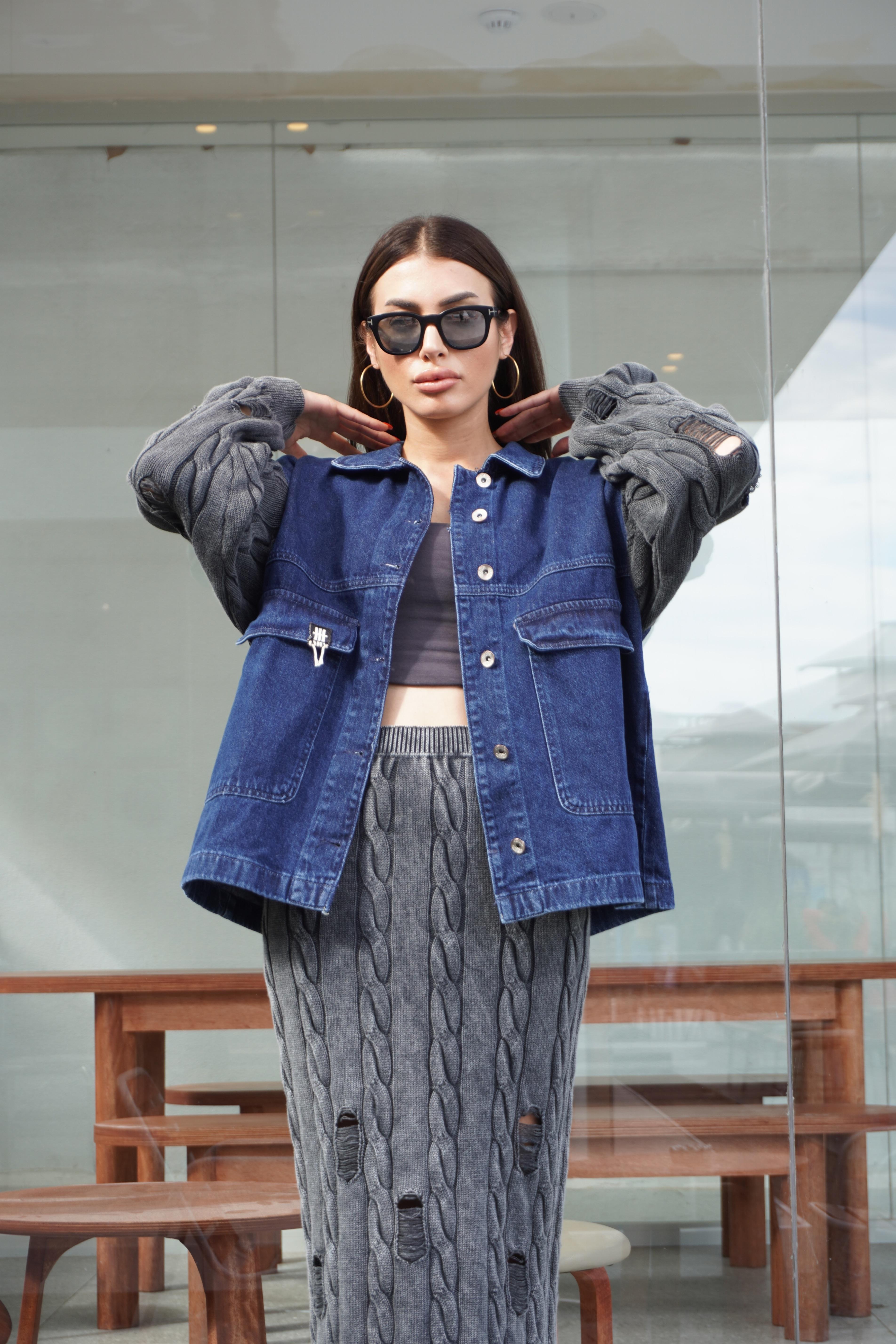 Triko Kol Detaylı Tasarım Oversize Denim Ceket