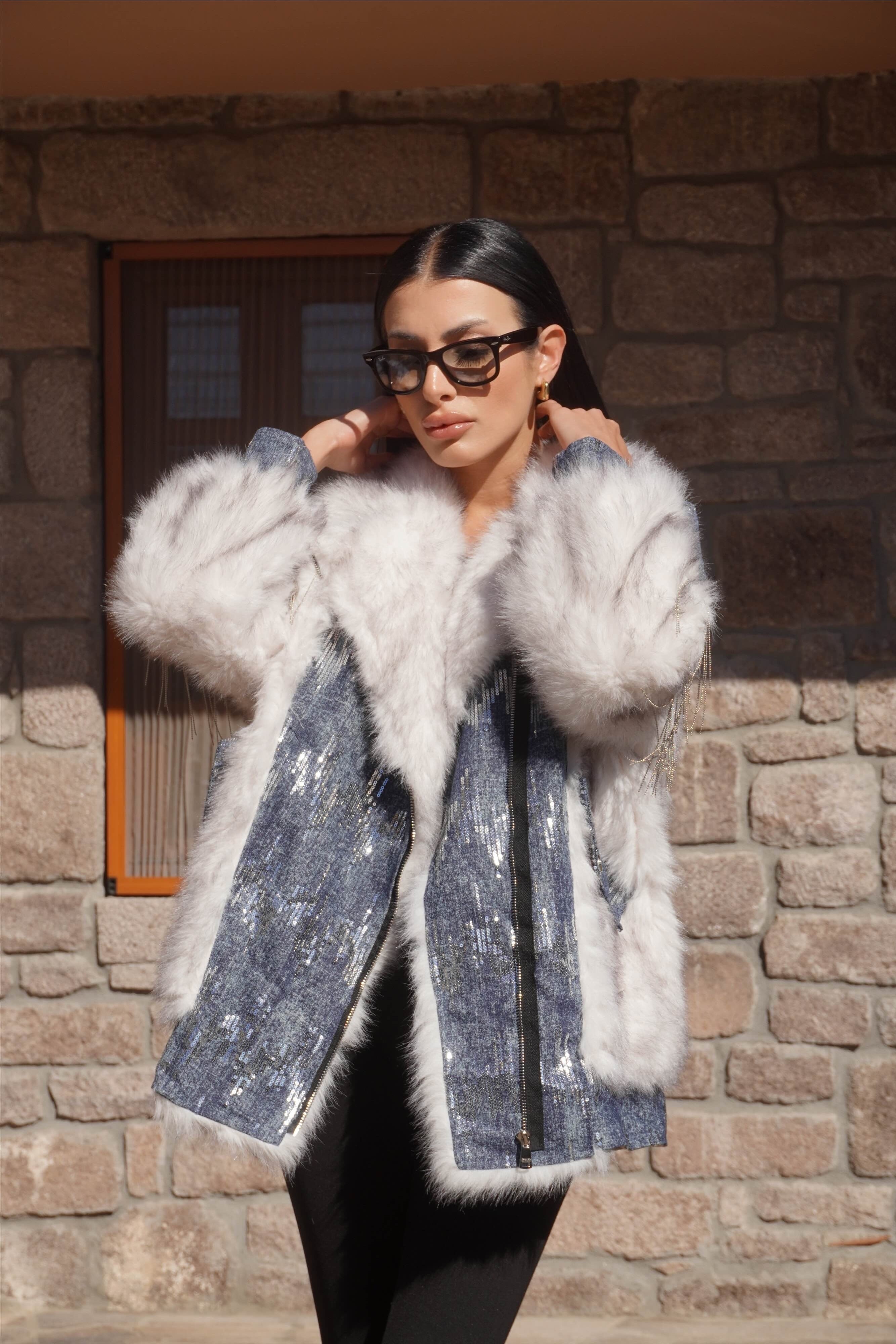 İthal Tasarım Premium Denim Detaylı Pul Dikişli Kürk Mont
