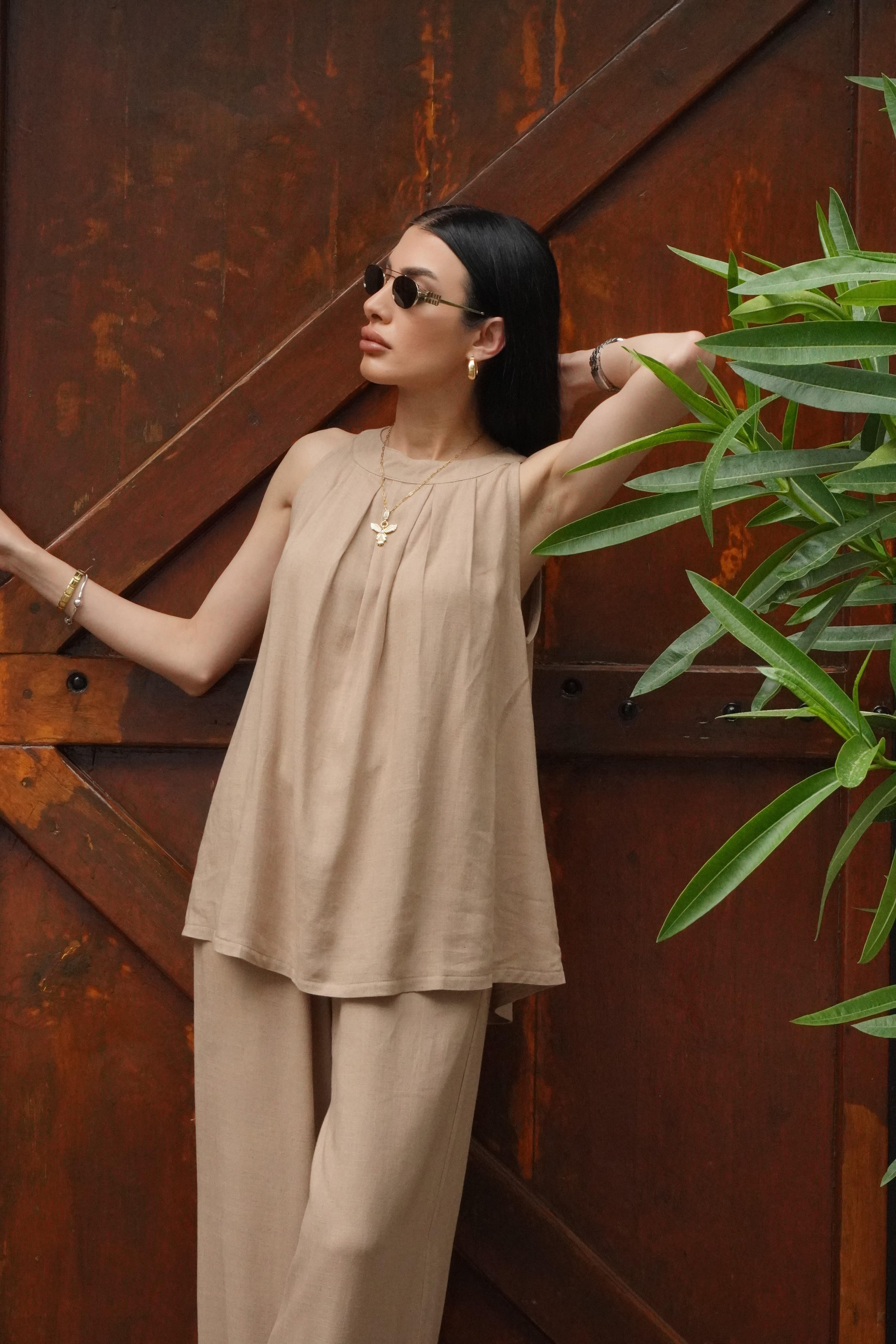 Camel Tensel Bluz Palazzo Takım