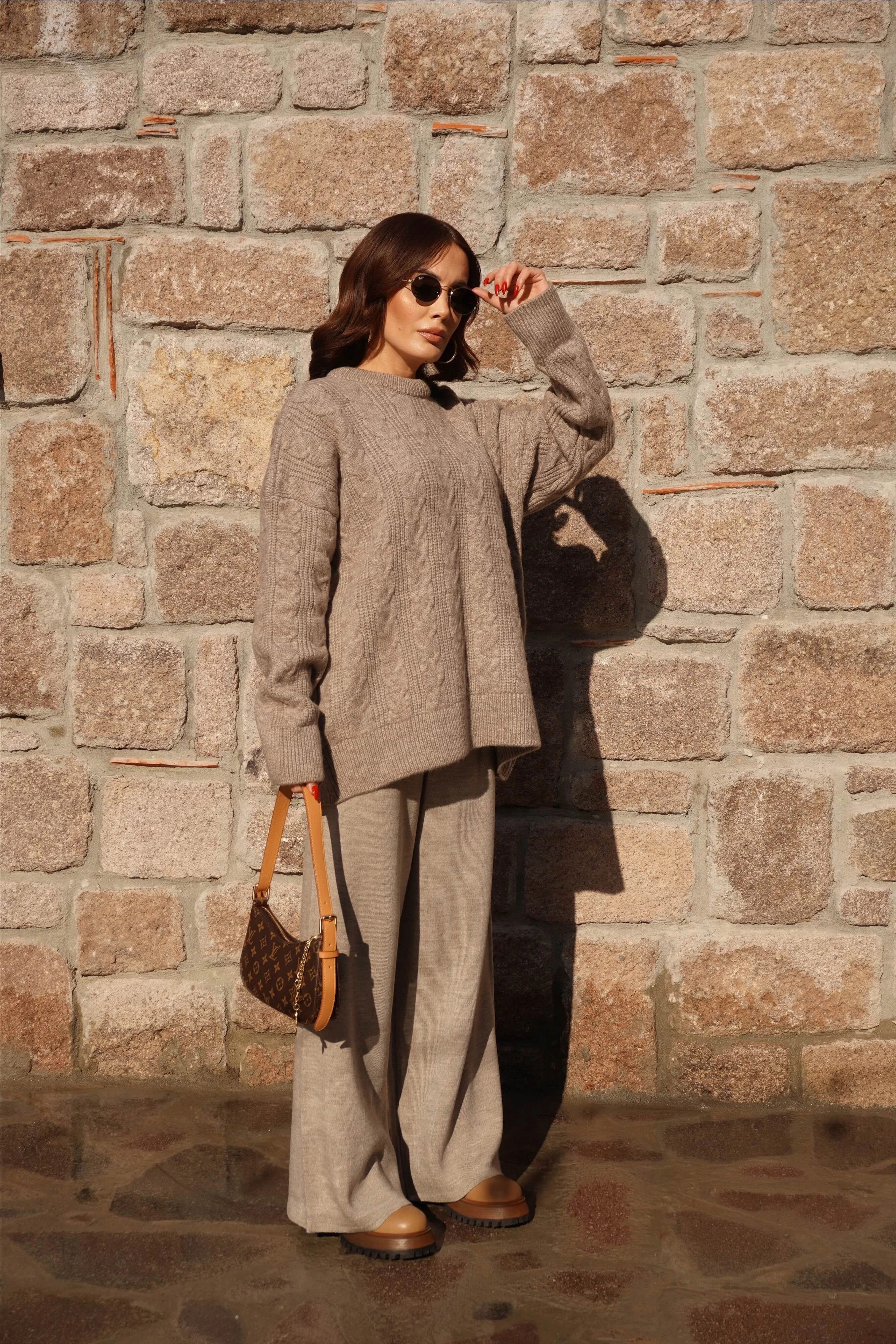 Vizon Saç Örgü Triko Kazak Pantolon Takım 